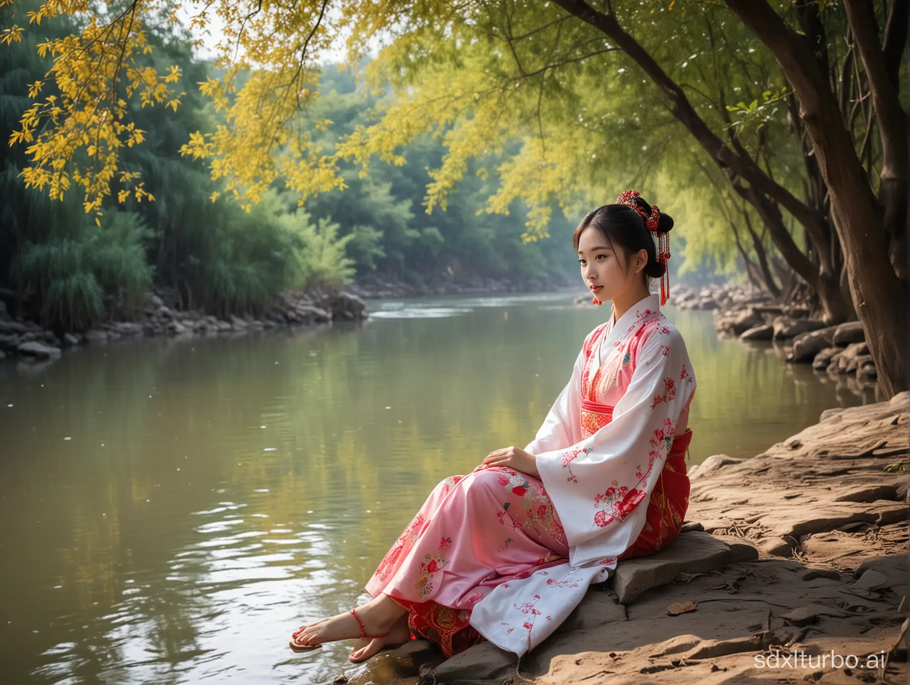 1 girl with Chinese traditional clothing sits by a river