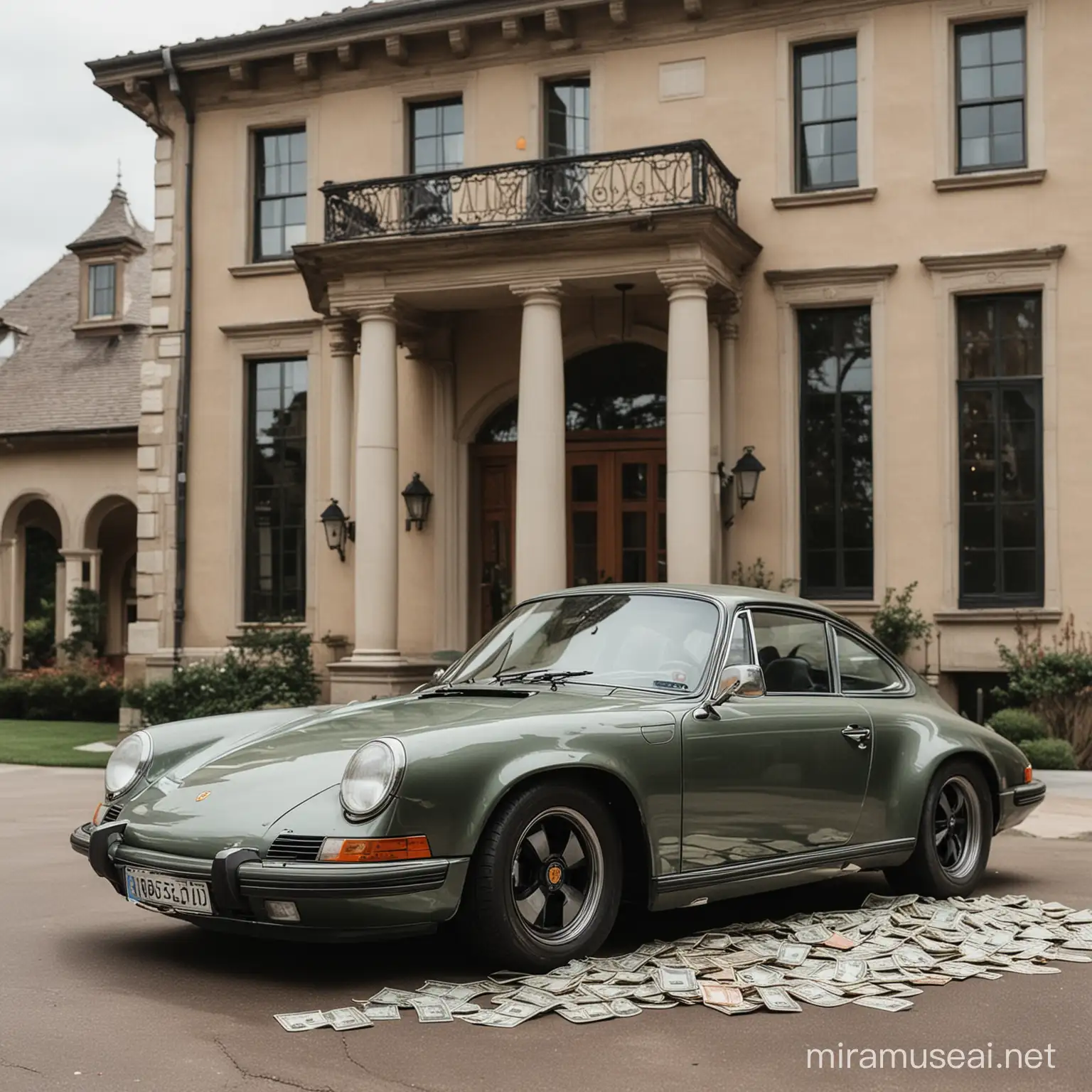 Vintage Porsche Parked Beside Luxurious Mansion