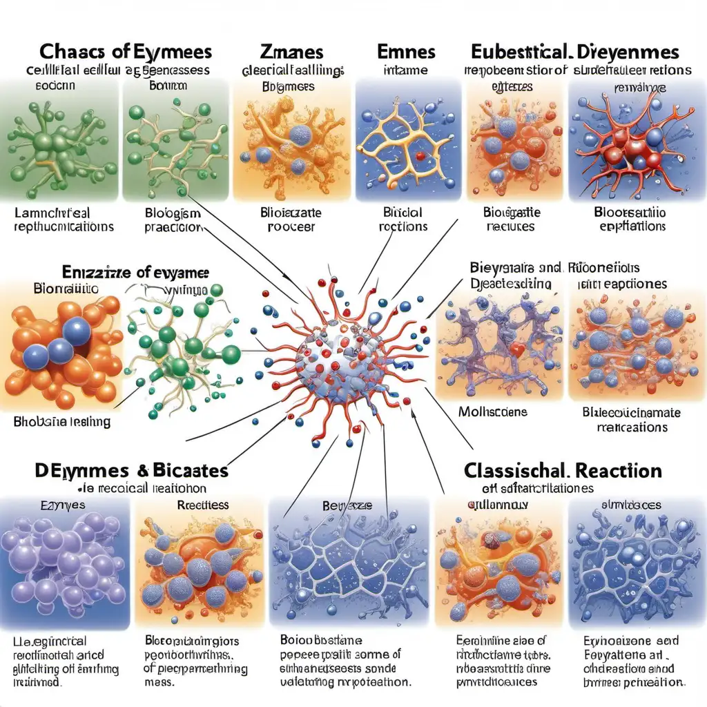 "Enzimlerin Estetiği:

Biokimyasal Reaksiyonlar: Enzimlerin biyokimyasal reaksiyonları hızlandırdığı anları gösteren detaylı görseller. Moleküler düzeydeki etkileşimleri vurgulayın.

Enzim Çeşitliliği: Farklı enzim türlerini temsil eden bir dizi sahne. Protein katlanmaları, aktif bölgelerin gösterimi gibi detaylara odaklanın.

Enzimatik Süreçler: Enzimlerin katıldığı çeşitli biyolojik süreçleri anlatan görseller. Sindirim, DNA replikasyonu, hücresel sinyalleşme gibi süreçleri içeren sahneler.

Substrat Bağlanması: Enzimlerin substratlara nasıl bağlandığını ve reaksiyonları nasıl başlattığını gösteren detaylı tasvirler.

Enzim İsimleri ve Sınıflandırma: Farklı enzim isimlerini ve sınıflandırmalarını temsil eden bir senaryo. Enzimlerin adlandırılması ve sınıflandırılmasıyla ilgili moleküler detayları vurgulayın.

Görsellerin enzimlerin biyokimyasal süreçleri, etkileşimleri ve çeşitliliği hakkında bilgi verirken bilimsel doğruluğu korumasına özen gösterin. --v 5 --ar 16:9 --q 2 --chaos 20"