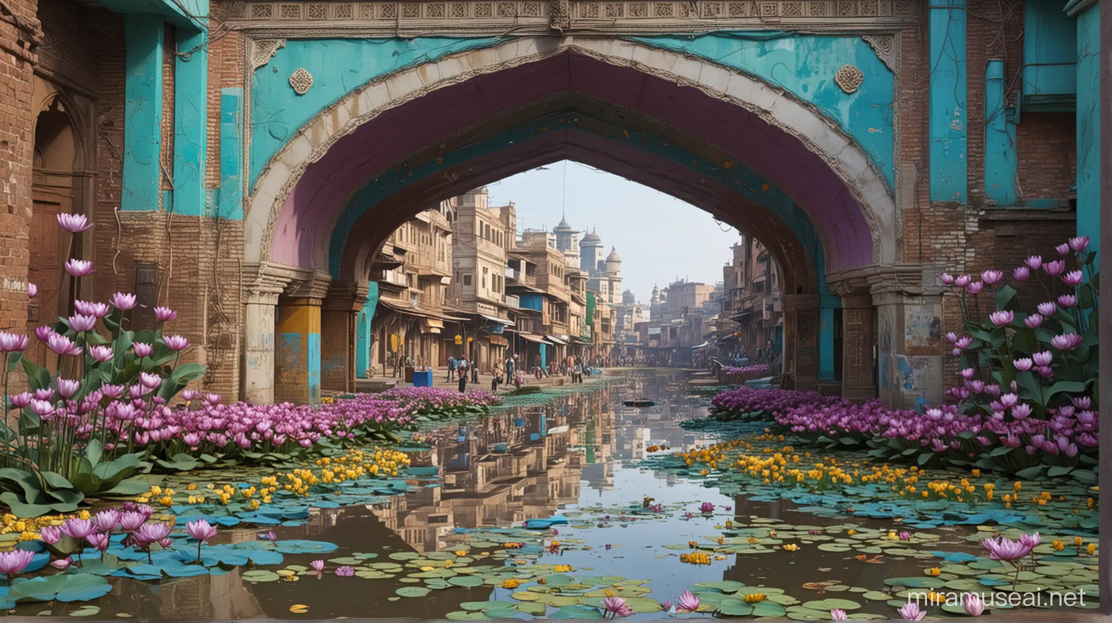 futurist scenario, psy-electronic phantasy, science fiction, future time, signs of decay, populated with indian and african half humans, half robots, psy-electronic,colorfully abundant, lotus and african pattern, several layers, all colours, turquoise, purple, green, white, yellow, hip hop style, benares court and river ghats, mughal scenario and arches, water lilies, colorful, psychedelic, hyperrealistic, pastel colors on walls wearing off very strong, background blurred