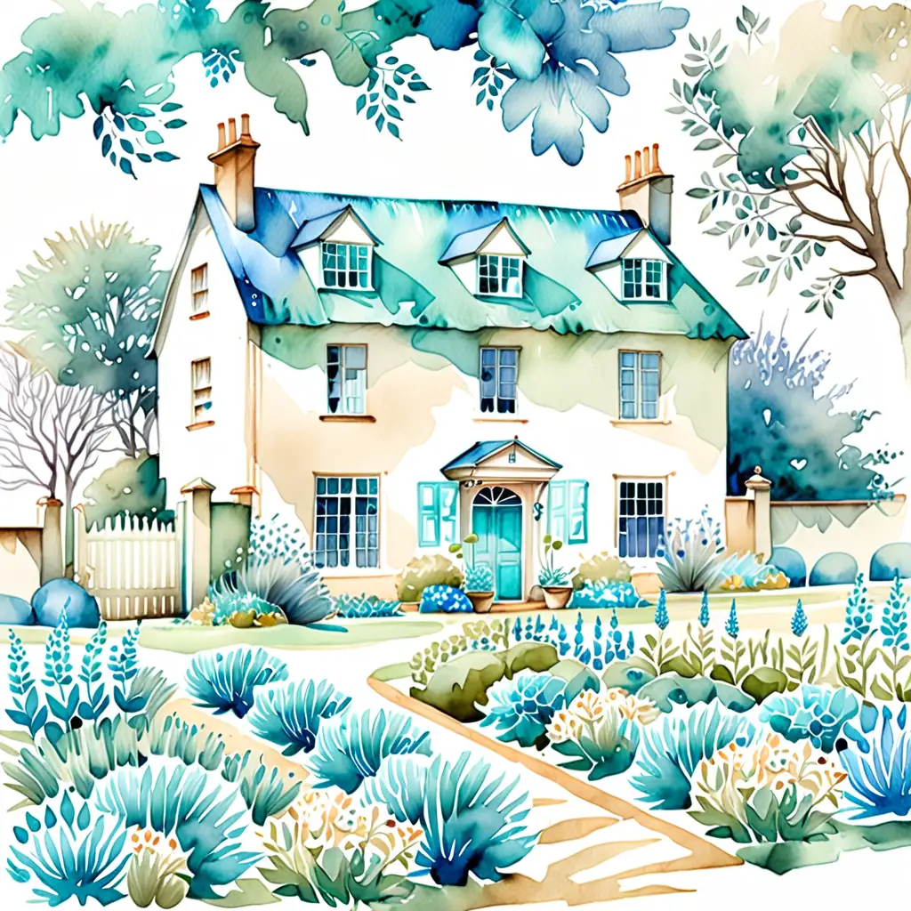 Tranquil Watercolor Landscape Old Country House Surrounded by Soft Gardens in Blue and Teal