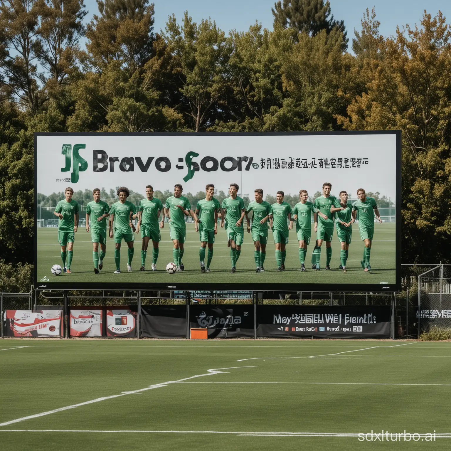 Puedes crear 8 jugadores de fútbol en un campo de fútbol  con un cartel publicitario que ponga en lo alto el nombre de JS BRAVO SPORT