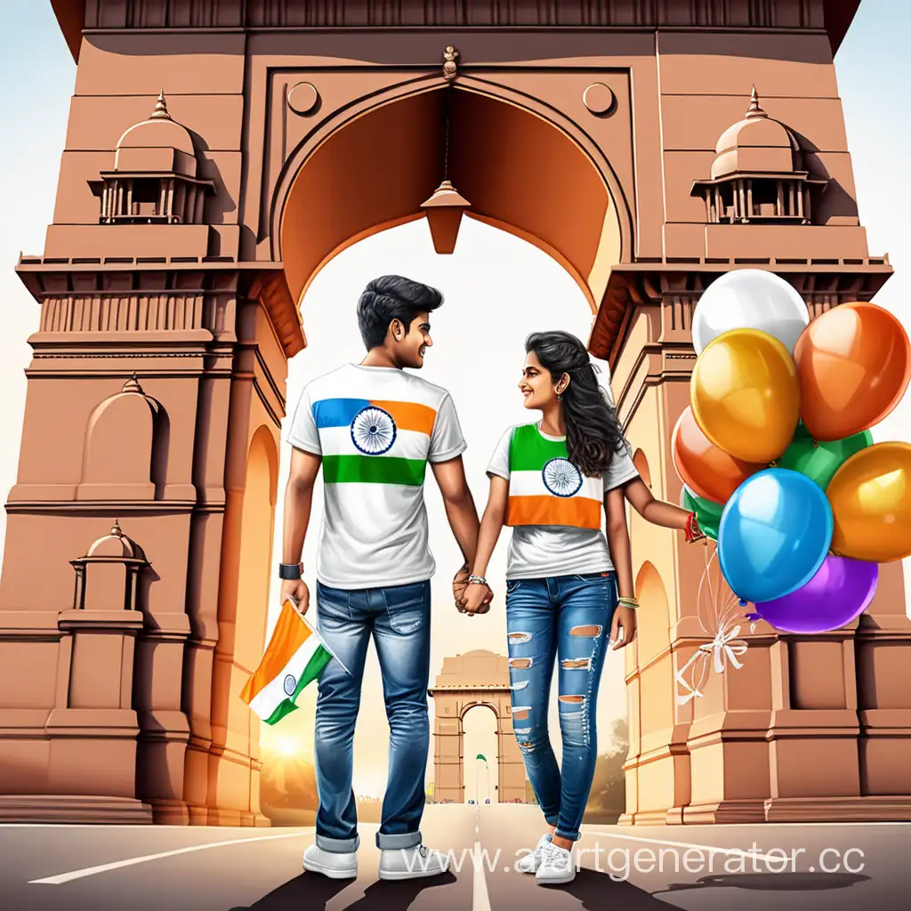 Realistic A 20 years old boy and girl couple wearing Bharat t shirt with Boy's t-shirt will have name "Status' and girl's t-shirt will have name "Tips written on it and holding the Baicskti2 national flag of Bharat. "Happy Republic Day 26th J 2024" will be written on the poster above the india gate road side. and both have Bharat flags in their hands, with balloons, chandelier, holographic picture high quality detail photo