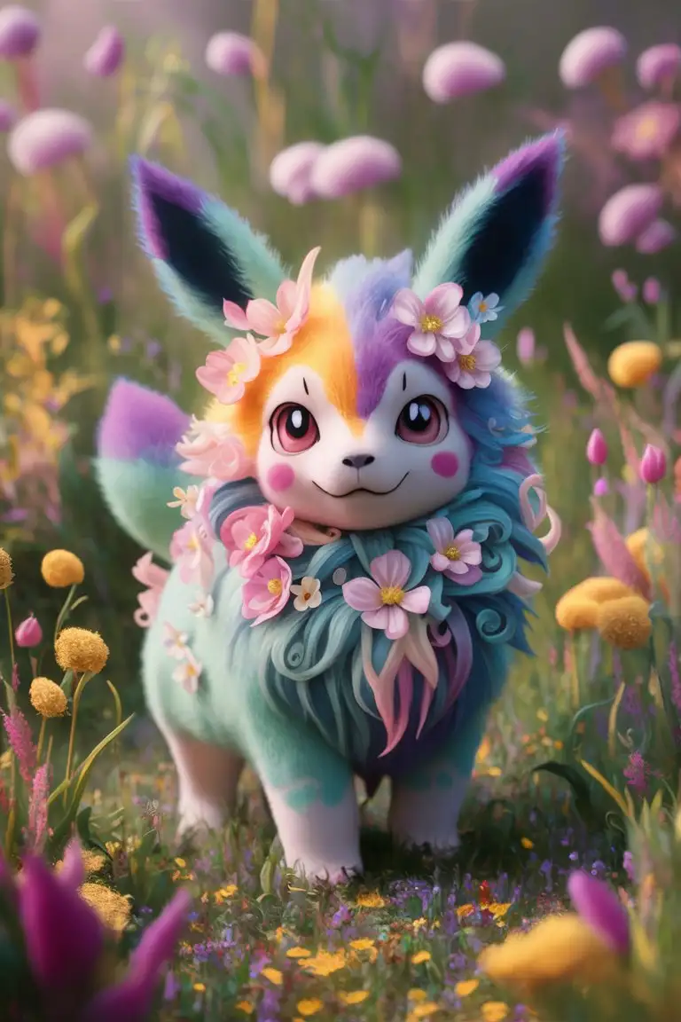 Pokemon spring type,3d,insanely detailed,fantasy art,hd,pretty,colourful, flowers