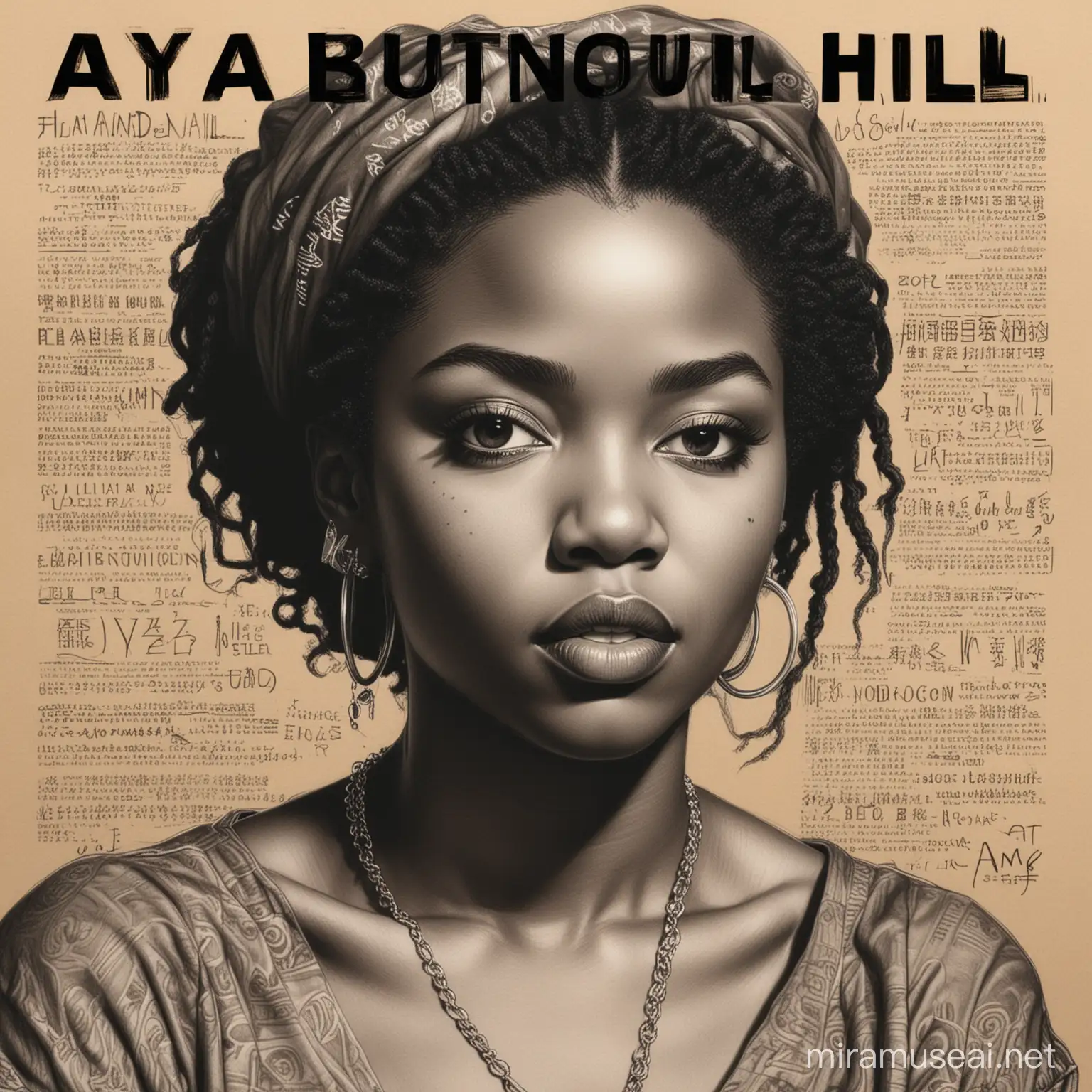 The image is a drawing related to "THE MISEDUCATION OF LAURYN HILL." It features a human face and includes text. The drawing likely represents a book cover or artwork related to the album or artist.Black woman beautiful face is shown.  The woman's body parts such as chest, thigh, stomach, and abdomen are visible.painterly smooth, extremely sharp detail, finely tuned detail, 8 k, ultra sharp focus, illustration, illustration, art by Ayami Kojima Beautiful Thick Black