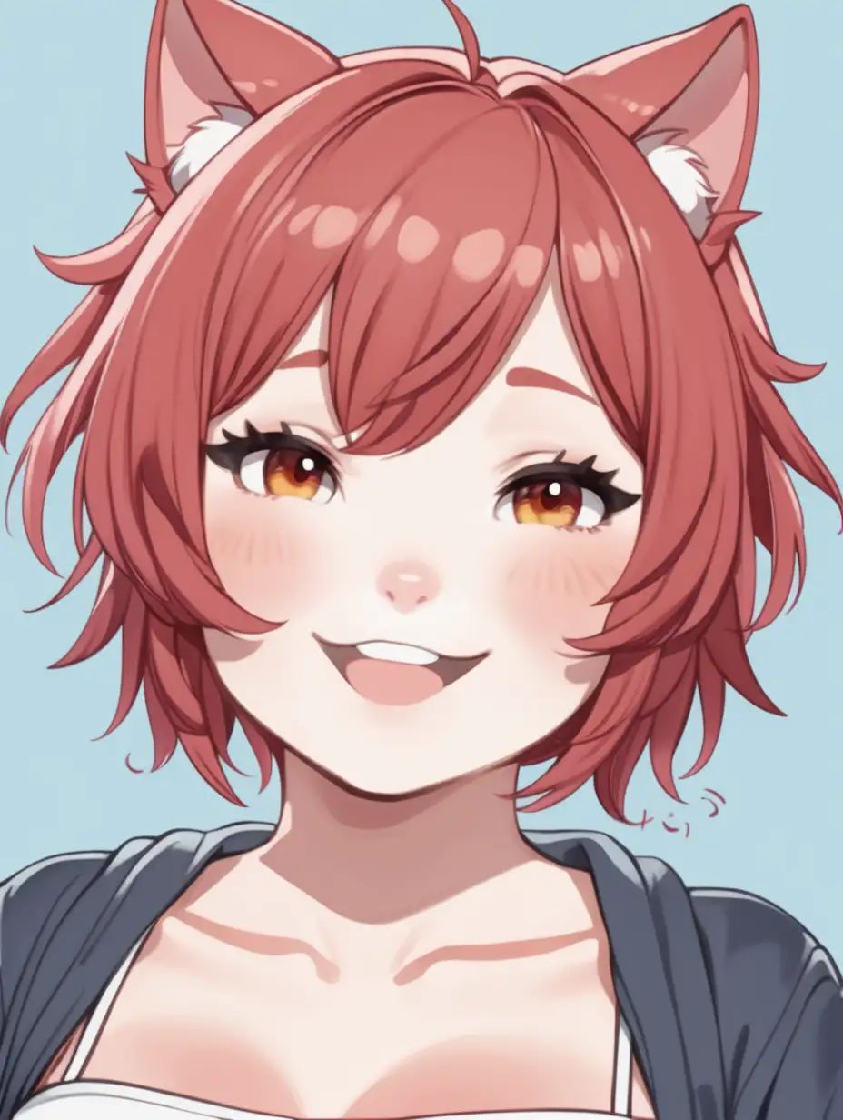 Plus size happy catgirl cute kawaii with short red hair that is shaved at the sides of her head 