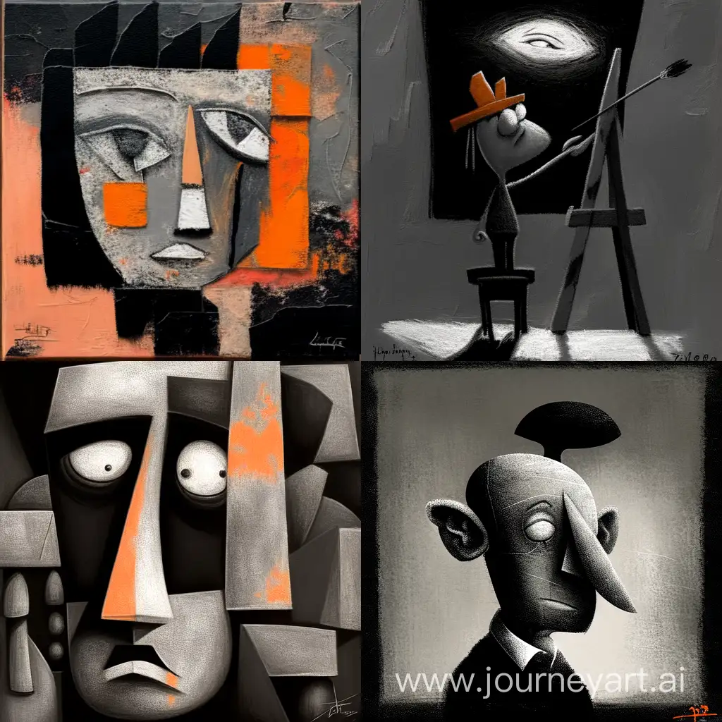 Abstract-Cartoon-Style-Art-with-Grayscale-and-Orange-Highlights