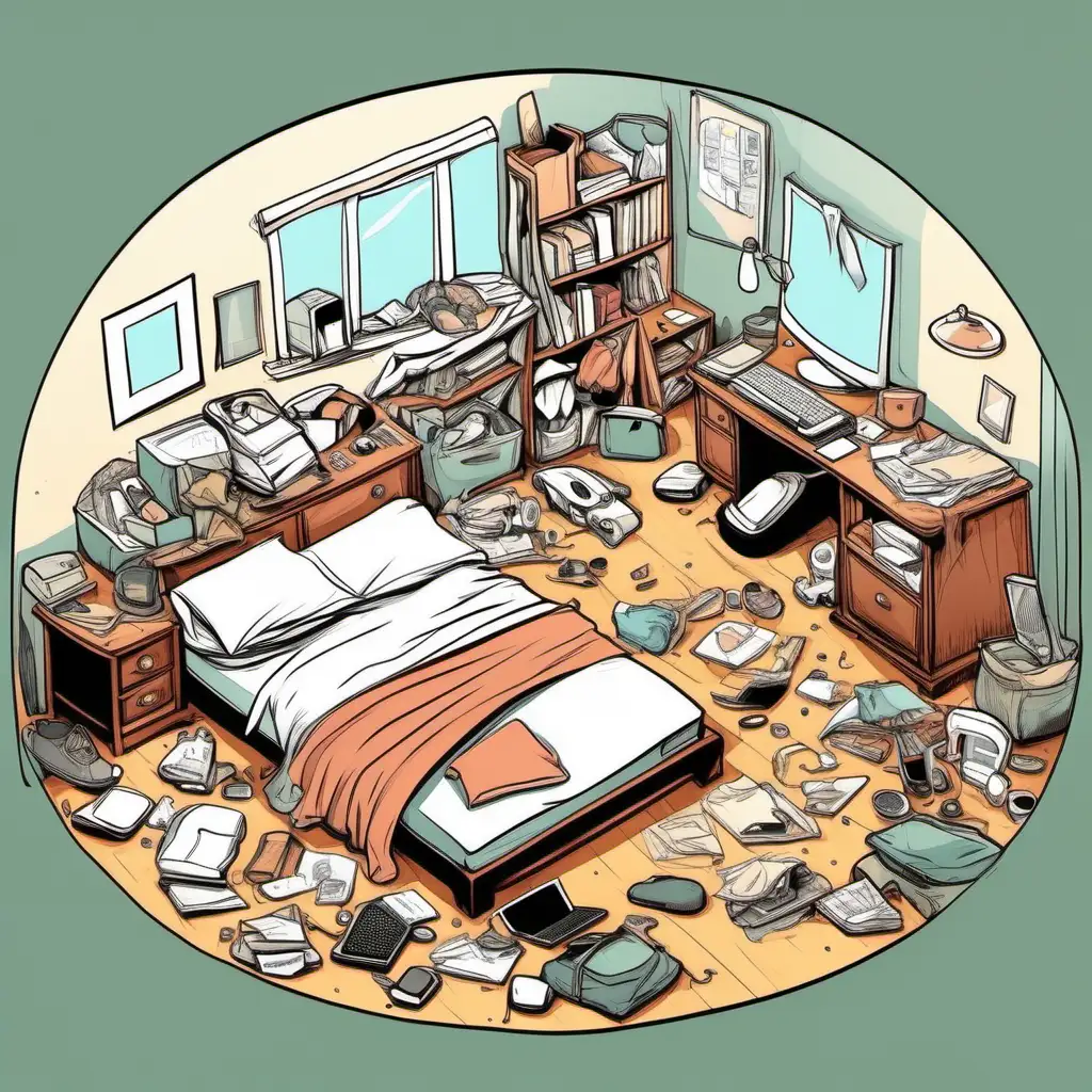 rounded simple cartoon style, total mess in the room, messy room, messy bed, lot's of things, clothes on the floor, more mess, computer,  no one in the room