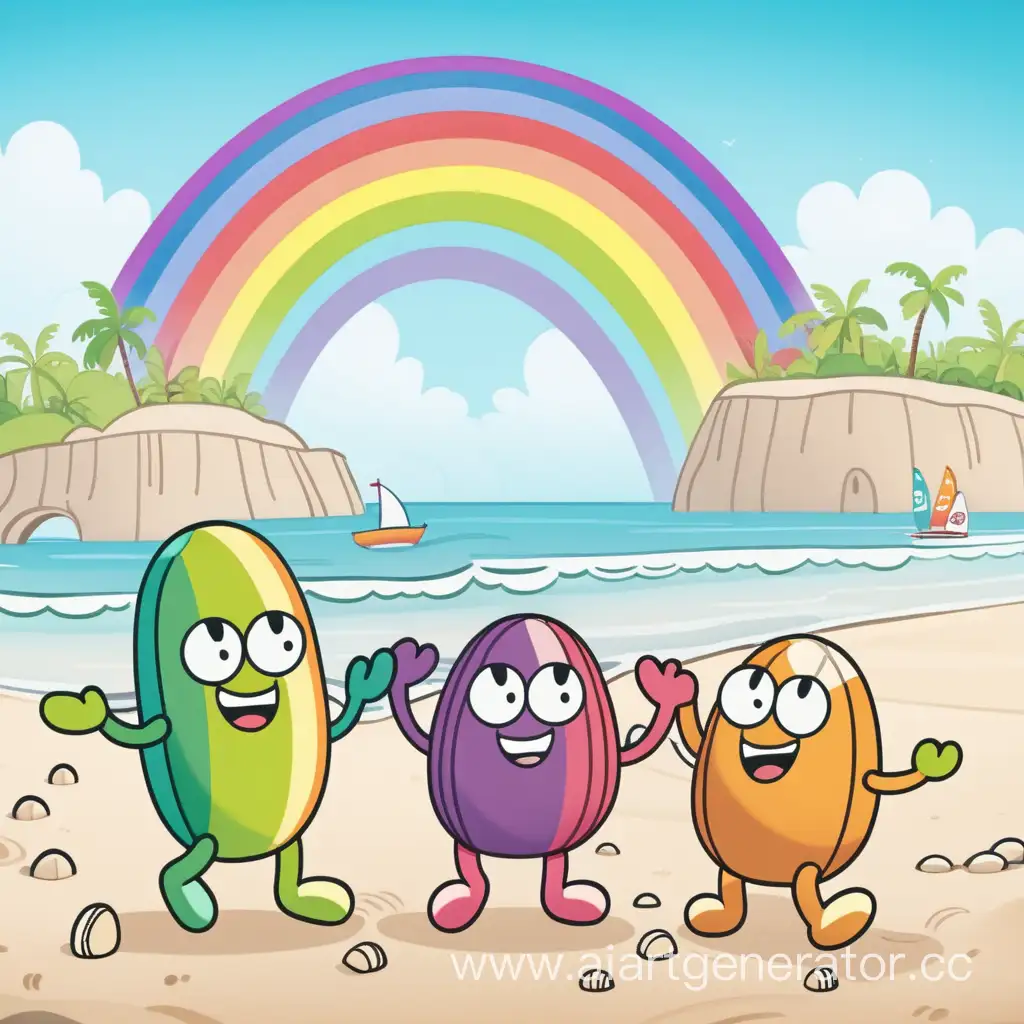Joyful-Cartoon-Beans-Enjoying-Beach-Fun-Under-the-Rainbow