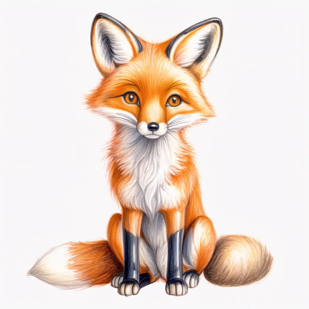 color pencil sketch illustration of cute fox  facing front , as a child drew and painted it without background