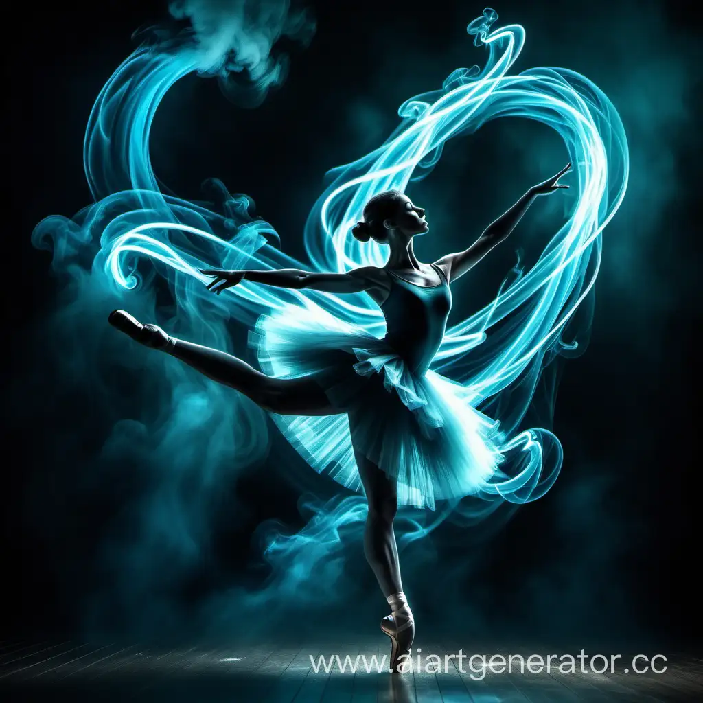 image of smoke, woman standing in the air, glowing neon lines, ballerina dancing in smoke, flowing energy, depth blur, rough sketch, kick, aquamarine, light shift, harp, halo, ghostly, ray