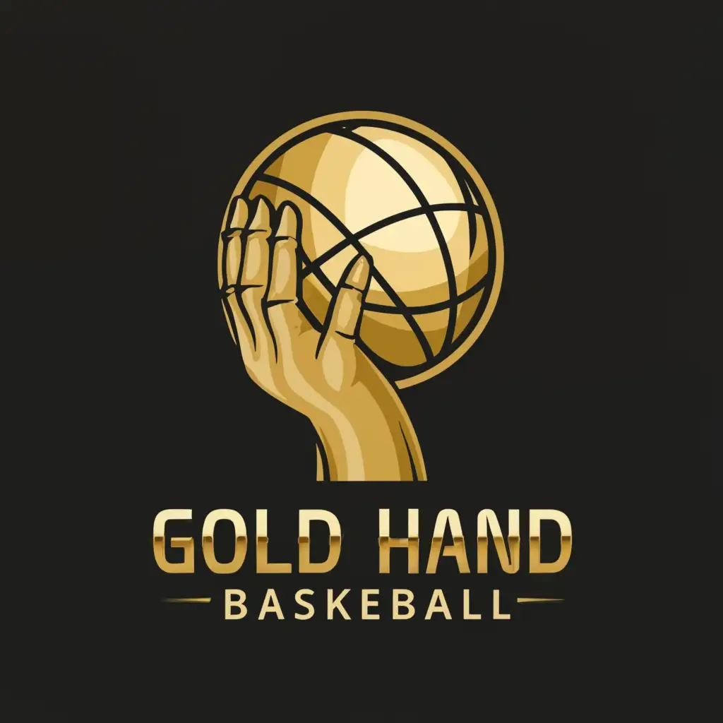 a logo design,with the text "Gold Hand Basketball", main symbol:A Gold hand with a basketball, 5 fingers, black background,,Moderate,be used in Sports Fitness industry,clear background