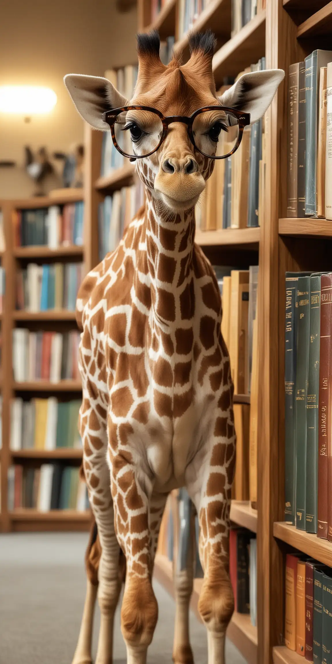 baby giraffe wearing glasses in a library 