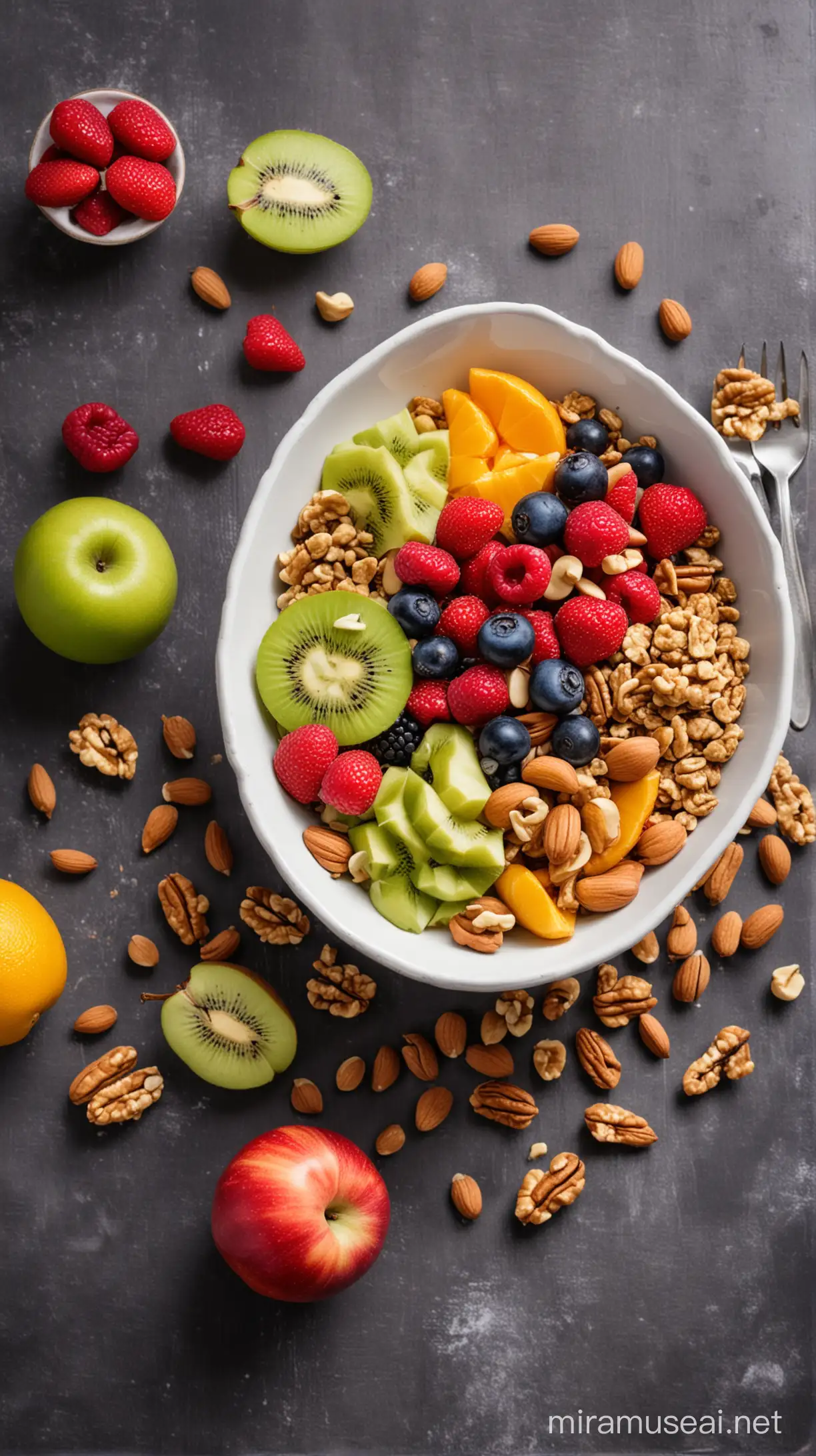 Vibrant Vegan Breakfast with Nuts and Exotic Fruit Bowl on a Striking Background