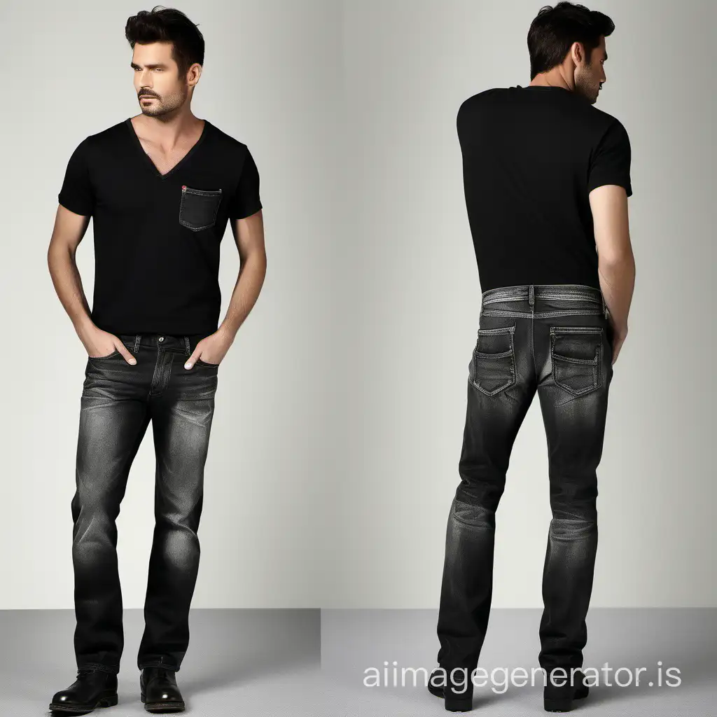 Stone wash Black  Denim for men with heavy wash for a contemporary artistry front  and back pockets that blends urban sophistication with rugged elegance .



