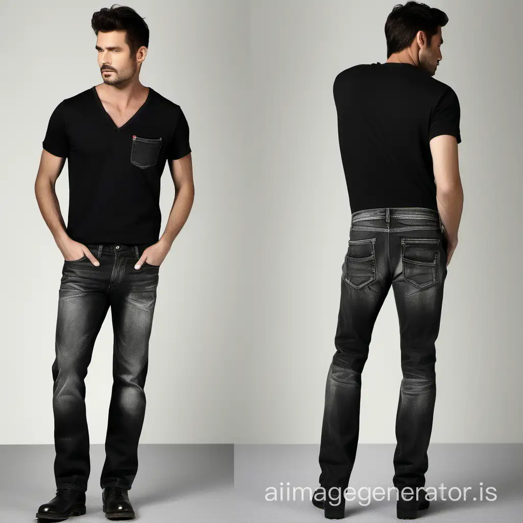 Stone wash Black  Denim for men with heavy wash for a contemporary artistry front  and back pockets that blends urban sophistication with rugged elegance .