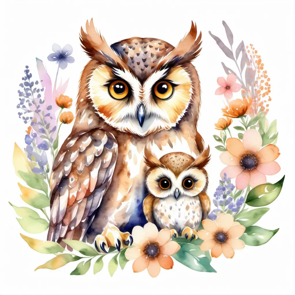 watercolor style, a mother owl and a baby owl are surrounded by flowers on a white background