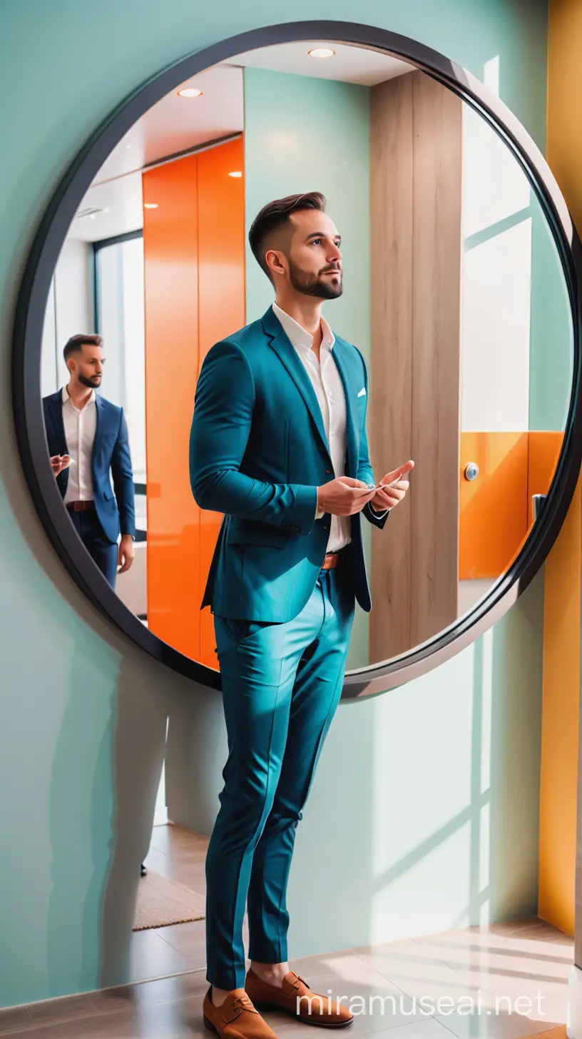 a male founder practicing elevator pitch in front of a round mirror. use pleasing colors