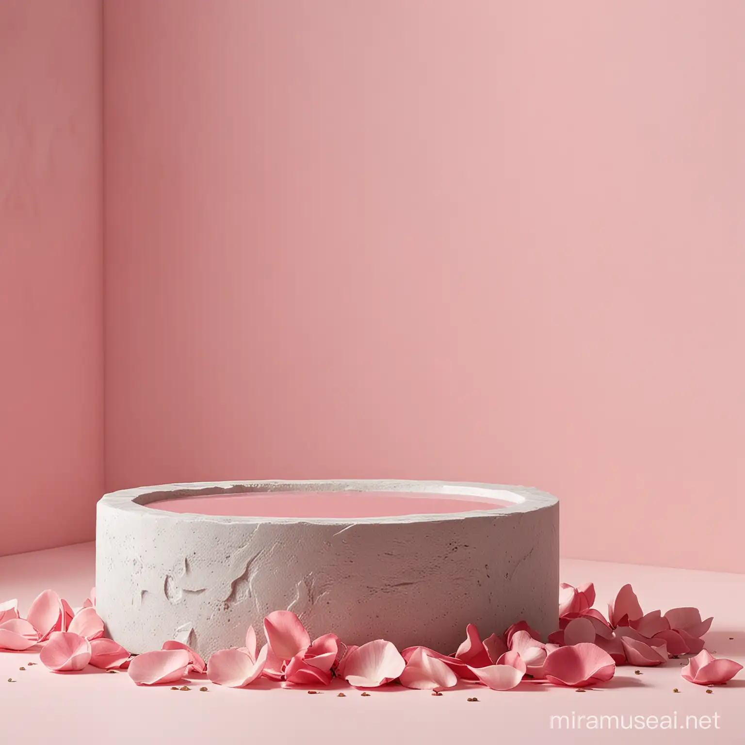 Frontal shot, highly realistic composition for a cosmetic product shoot, space for product and its packaging, featuring a gray-white stone circular base in the middle, occupying about 1/4 of the shot, with empty space on it, scattered around are light red rose petals, with a pastel pink wall adorned with decorative elements in the background, all in white, light pink, and gold accents.