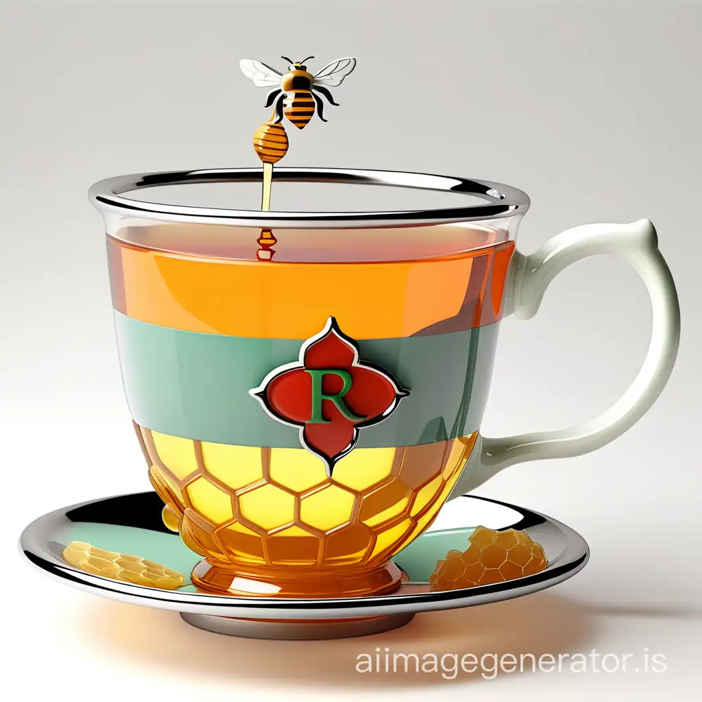 porcelain shiny chrome rim glass tea cup with Morrocan flag on the cup written name "rajae" in large 3d letters with mint leaf with pure honey and real bees With a honeycomb in it