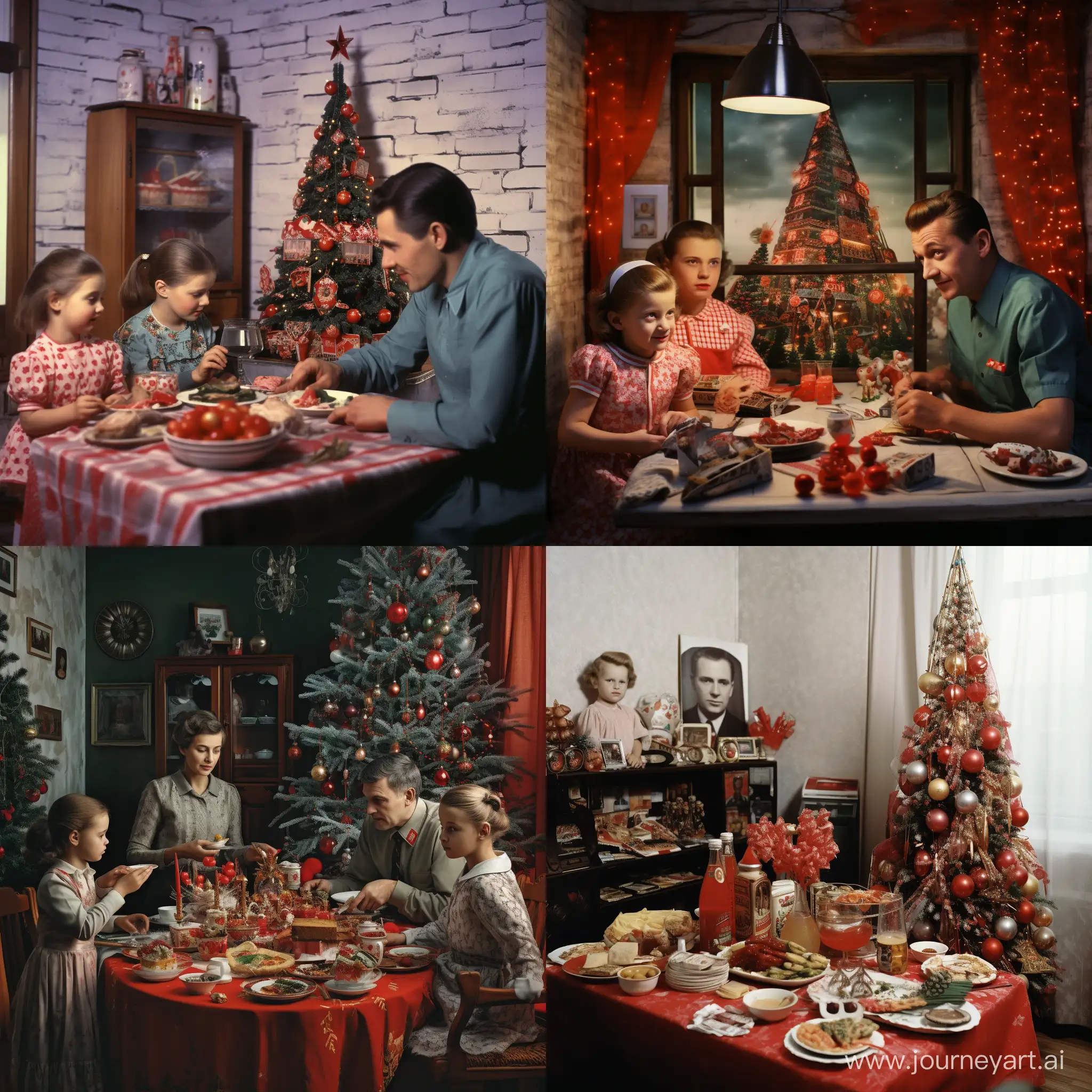 Встреча Нового года в Советском Союзе в кругу семьи, за праздничным столом с кушаньями, у новогодней украшенной ёлки и у телевизора, фотография, гиперреализм, высокое разрешение