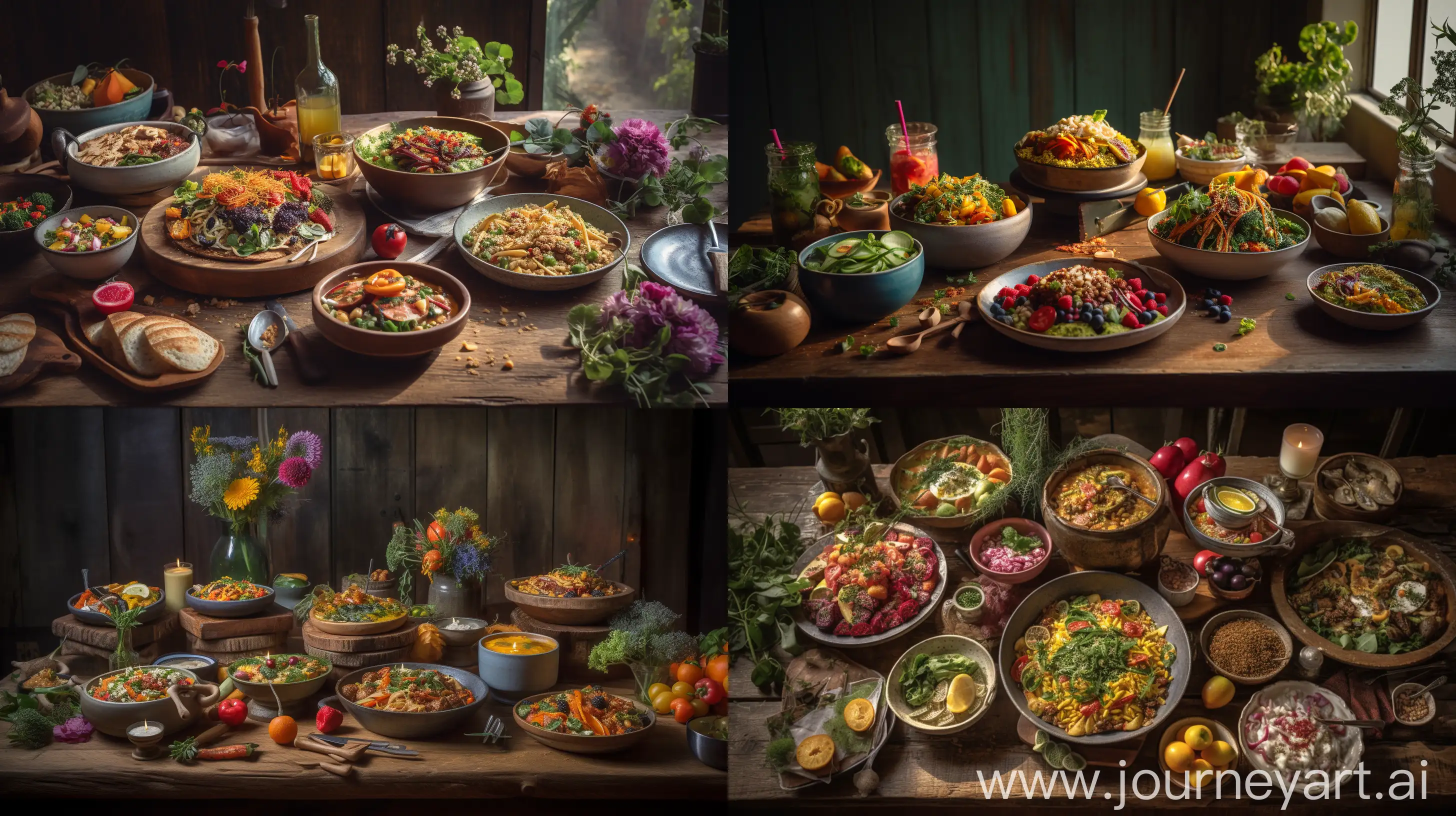 5 vibrant plant-based dishes on a rustic wooden table, each dish showcasing diverse colors and textures, surrounded by fresh ingredients like colorful vegetables, herbs, and spices, warm natural lighting highlighting the details, Photography, DSLR with a 50mm lens, --ar 16:9 --v 5