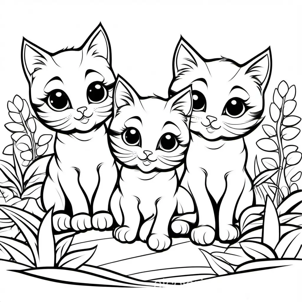 three cute kittens playing together, Coloring Page, black and white, line art, white background, Simplicity, Ample White Space. The background of the coloring page is plain white to make it easy for young children to color within the lines. The outlines of all the subjects are easy to distinguish, making it simple for kids to color without too much difficulty