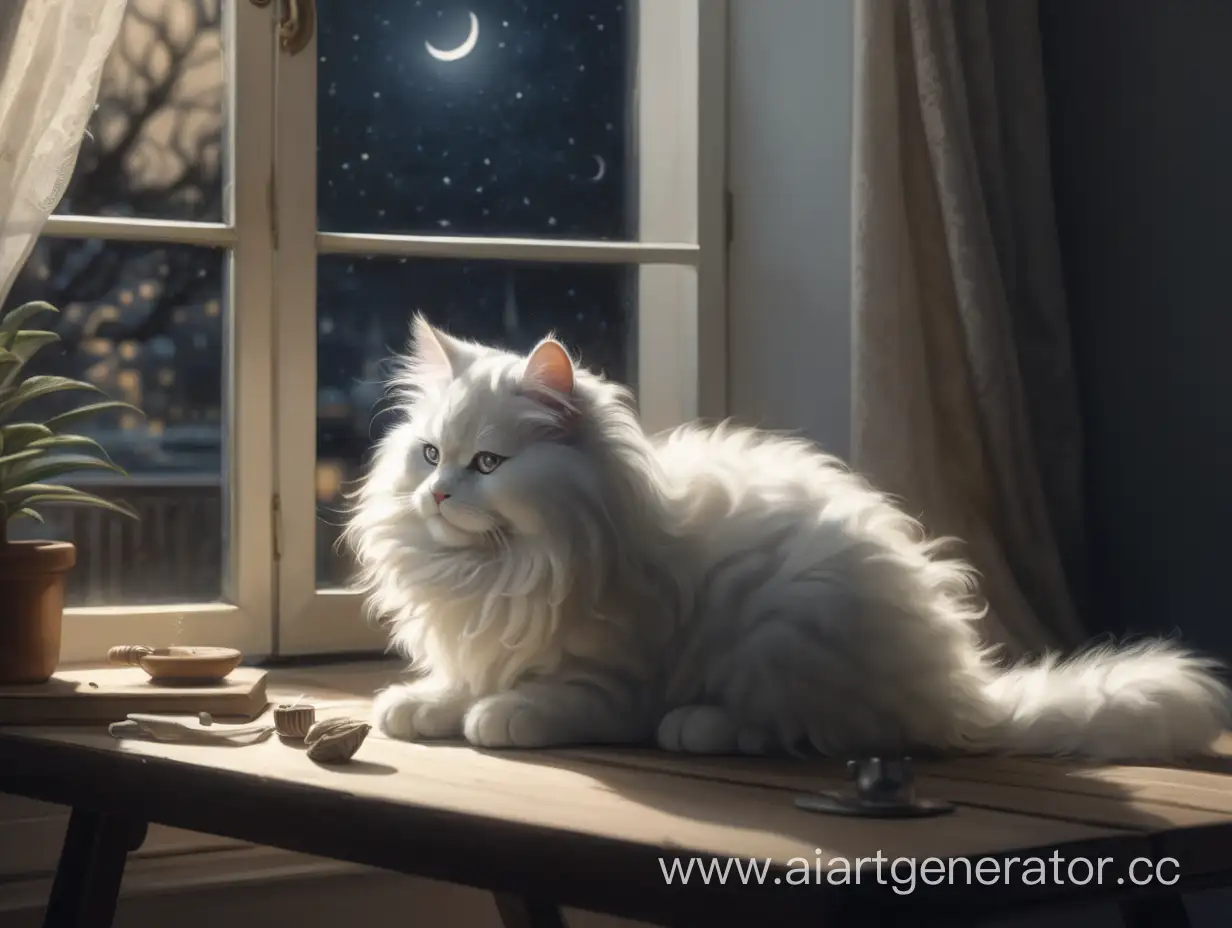 A white fluffy cat sits on a table outside the window, he closes and opens his eyes at night.