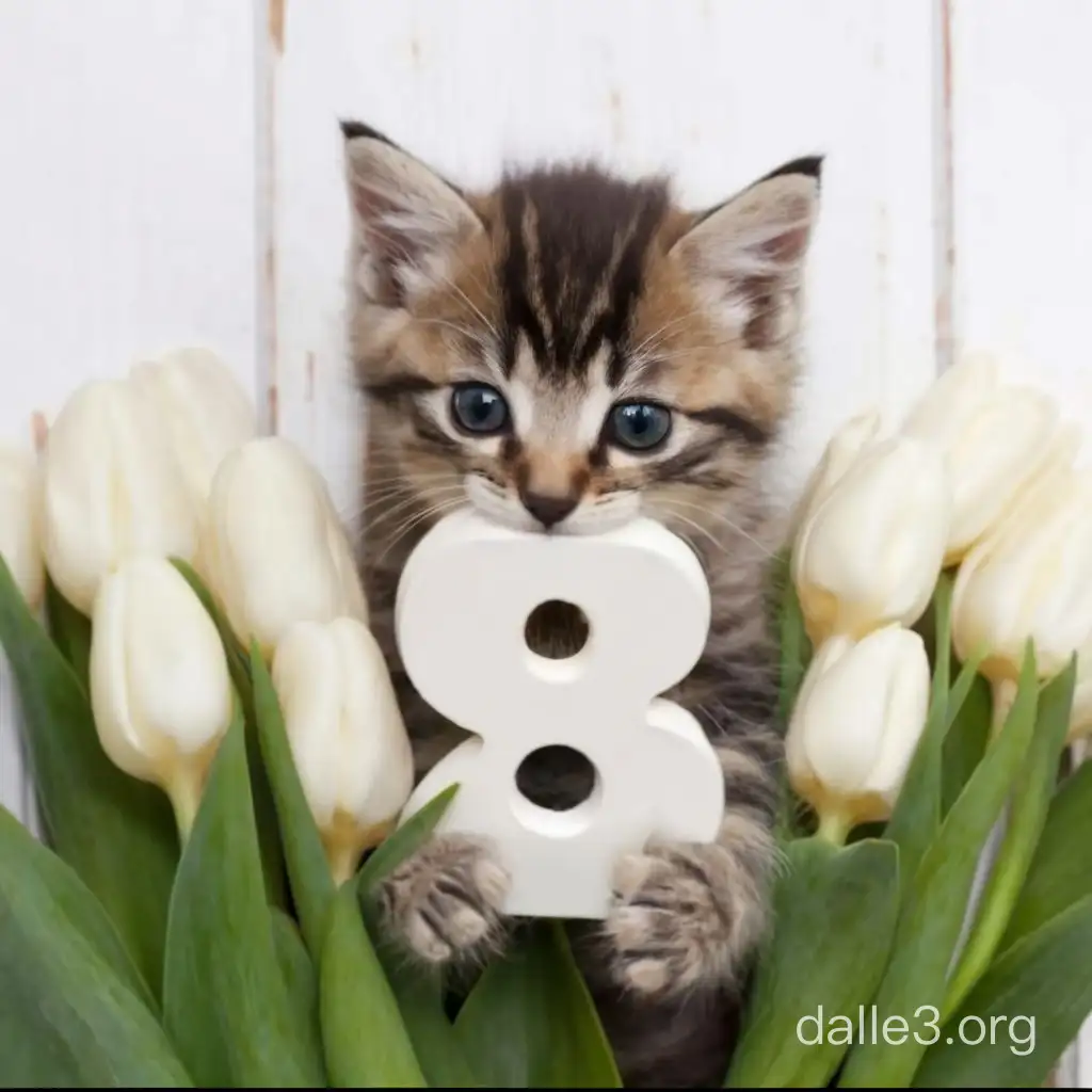 котик среди белых тюльпанов держит в зубках цифру 8