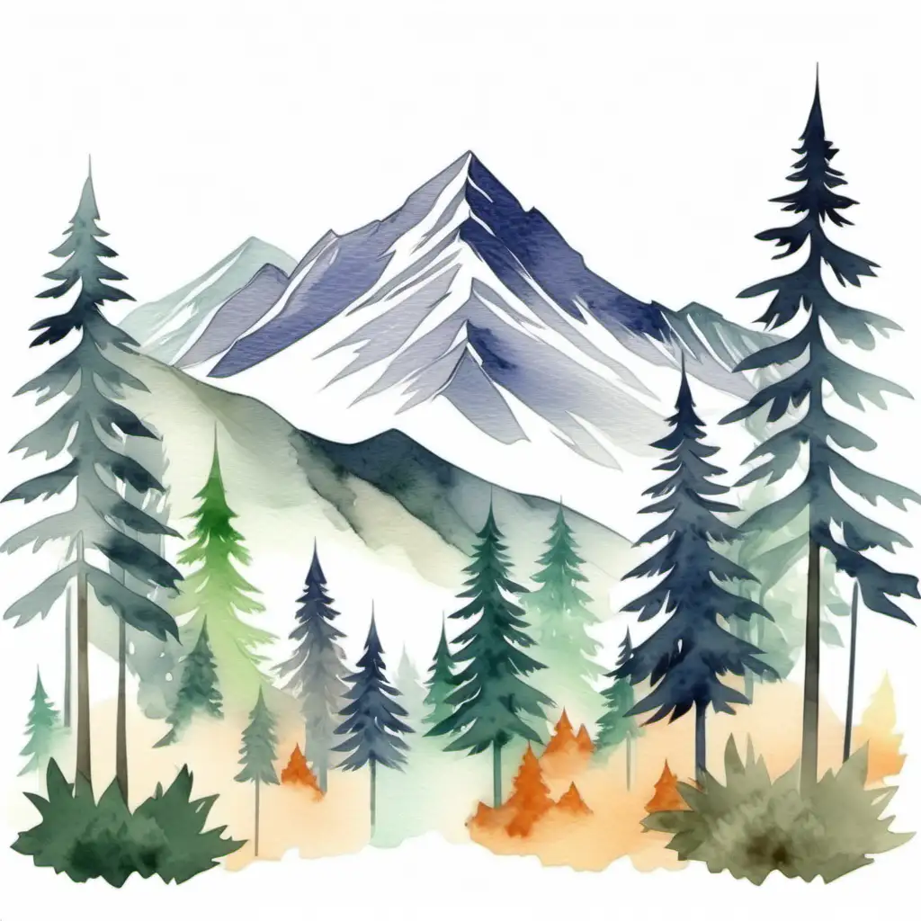Serene Watercolor Forest and Mountain Landscape on White Background