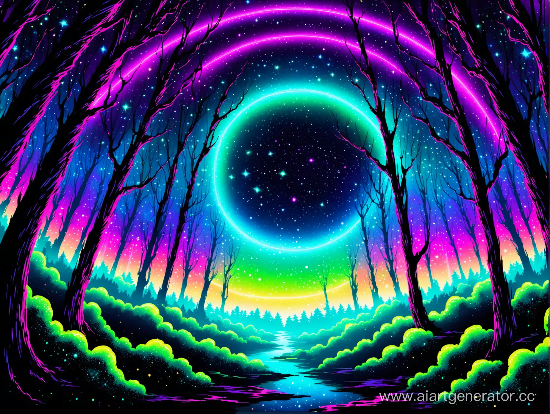 Cosmic-Neon-Space-with-Enchanted-Forest-Silhouettes