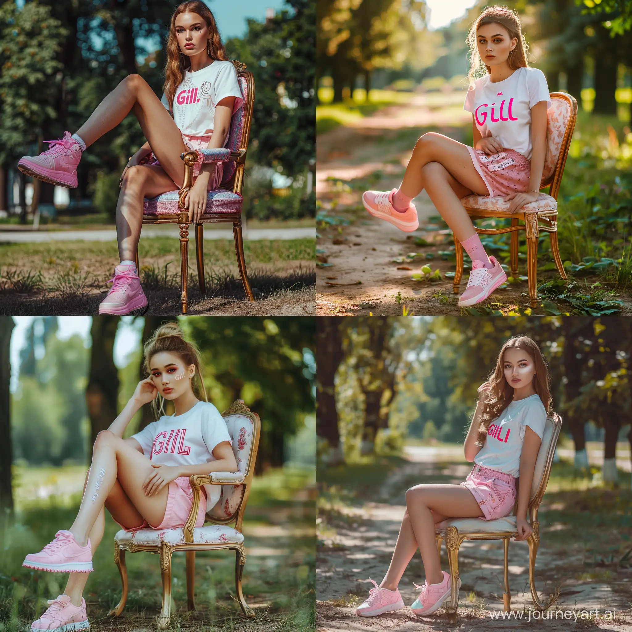 girl with light makeup sitting on a chair in summer park wearing pink trainers, pink shorts and white T-shirt with pink inscription "GIRL", high resolution, instagram model, high detailing