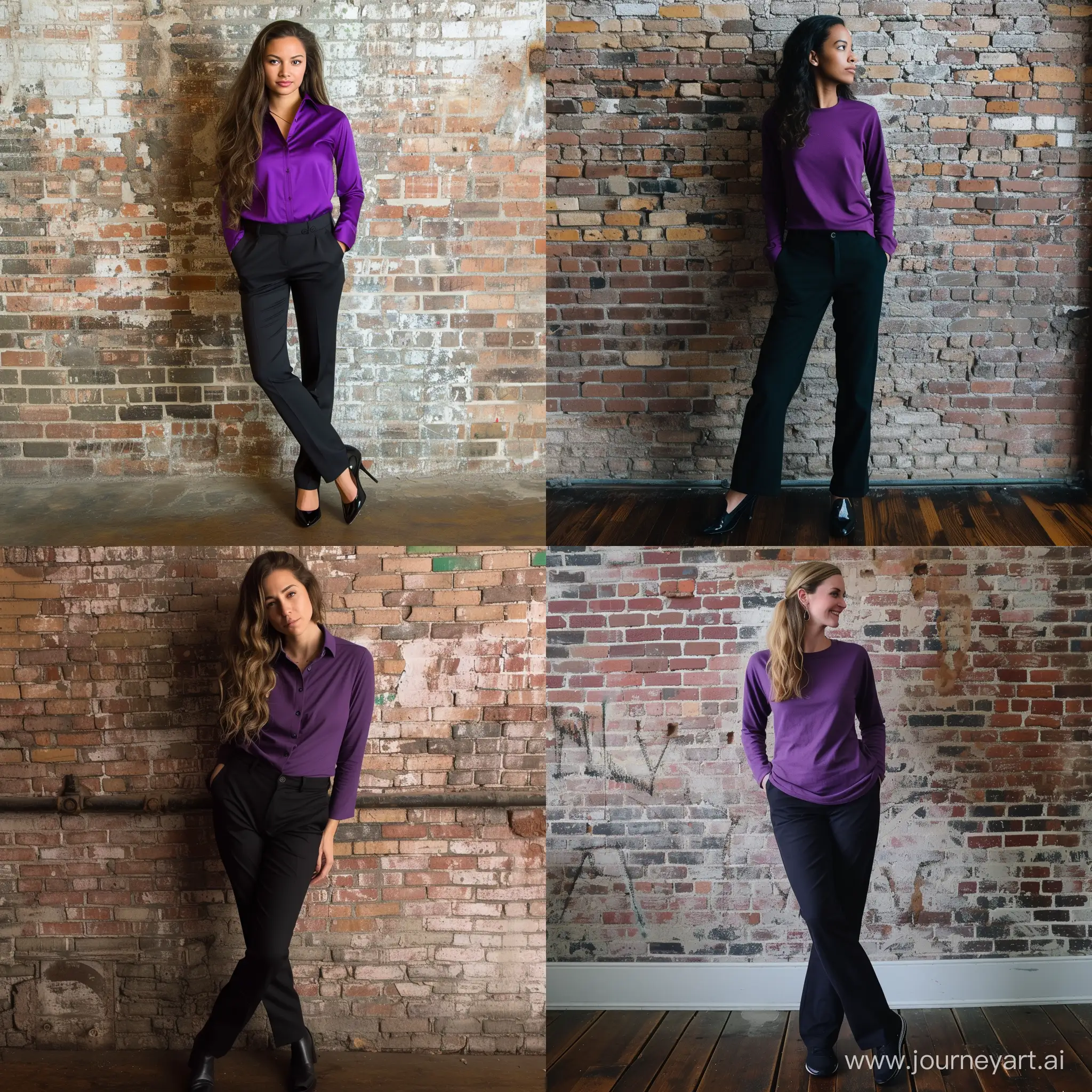 women in purple long sleeve shirt and black pants black shoe tilted in front of  old brick wall full body