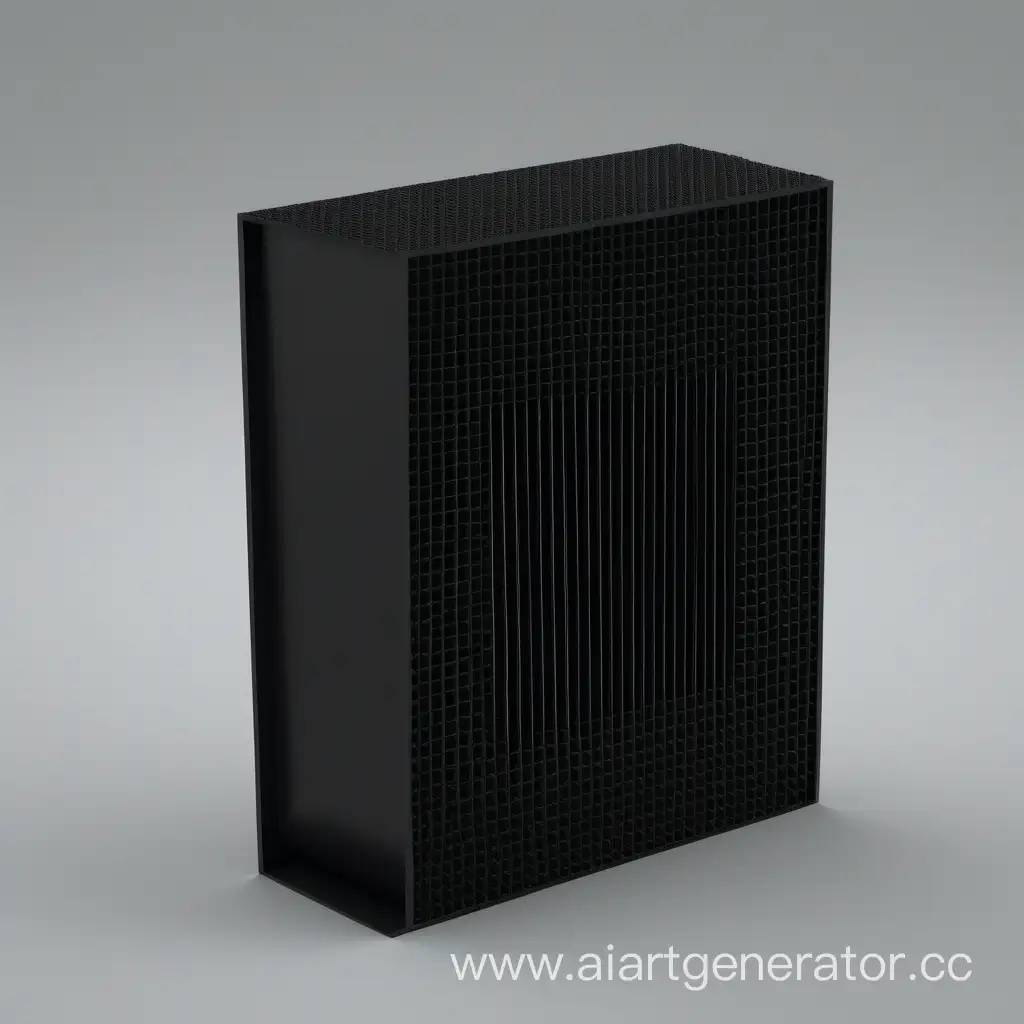 создай дизайн для инновационного углевого фильтра прямоугольной формы с отсеком для собирания газа сделай его черного цвета и покажи структуру внутри