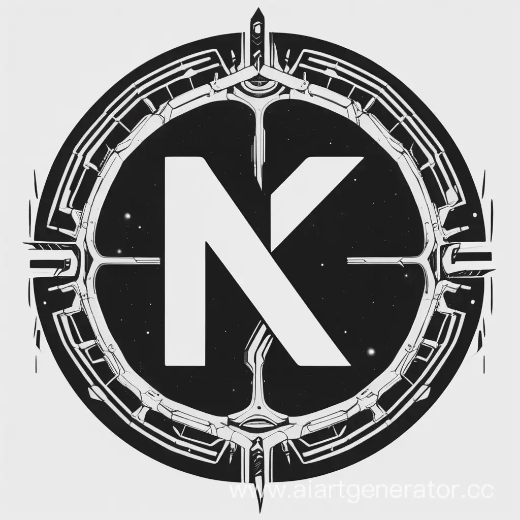 Большие буквы N и K в центре круга, круг оплетён змеем пожирателем сущего. Буква N-белая, буква K- чёрная. Пространство вокруг круга представляет собой бар в стиле киберпанк.