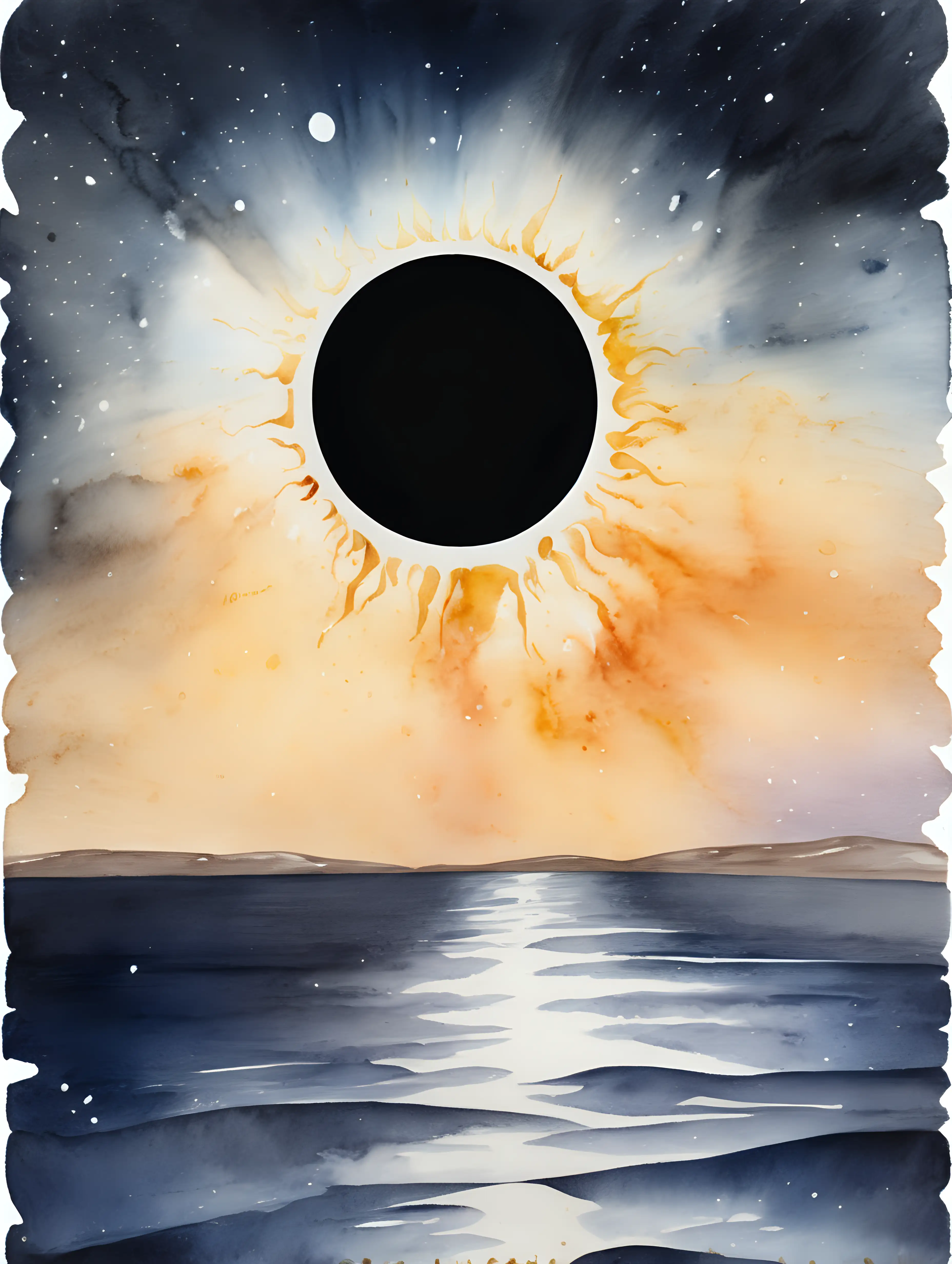 Isolated Large total solar eclipse in watercolor aesthetic all confined within frame border. Do not crop images. 



