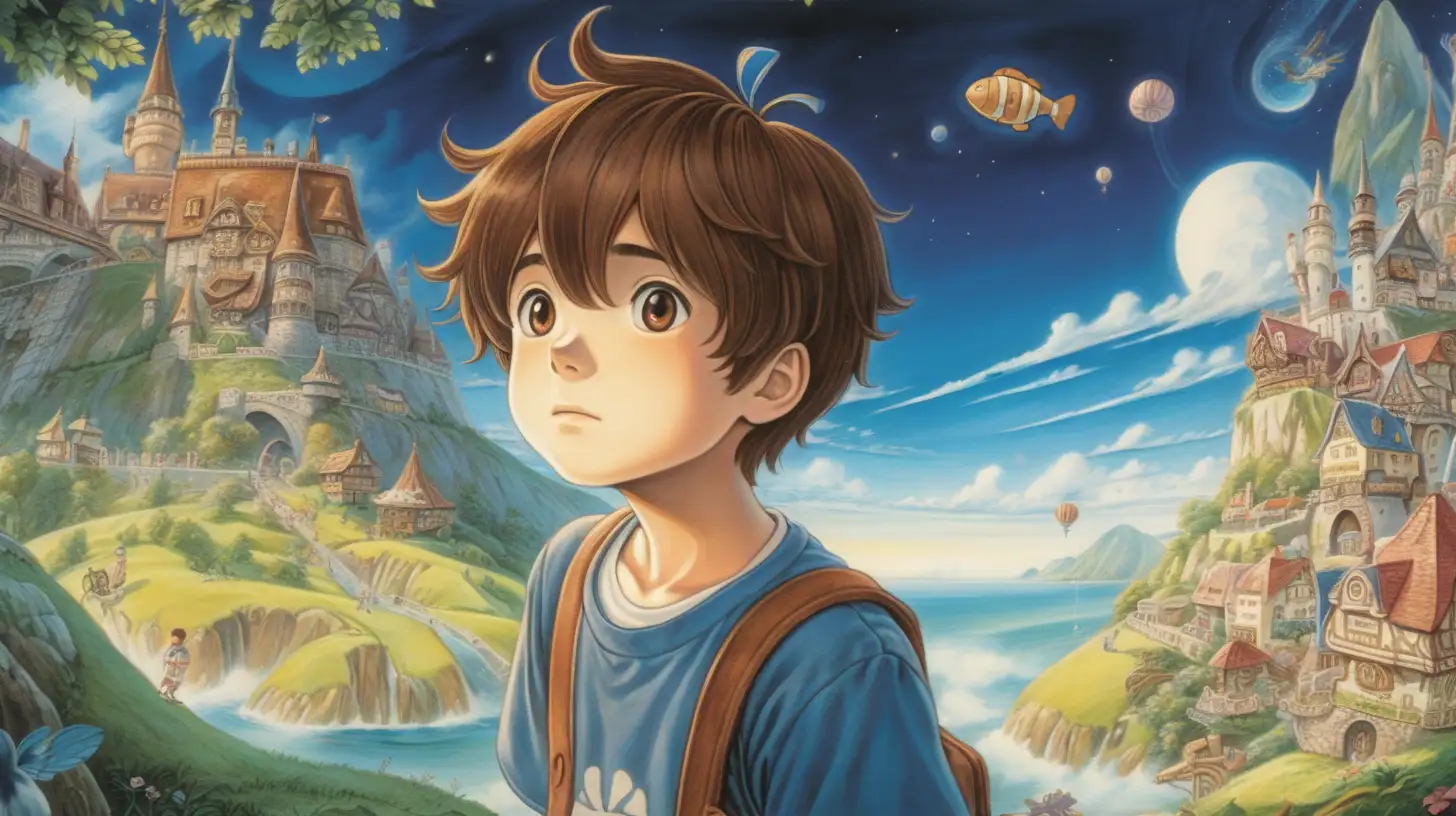 a boy with brown hair, beauiful illustration of fantasy, wonderland, slumberland, discovering a new world, wide angle, soothing, dark, dreaming, music, amazing detailed game poster, Hayao Miyazaki --ar3:2 --niji 5