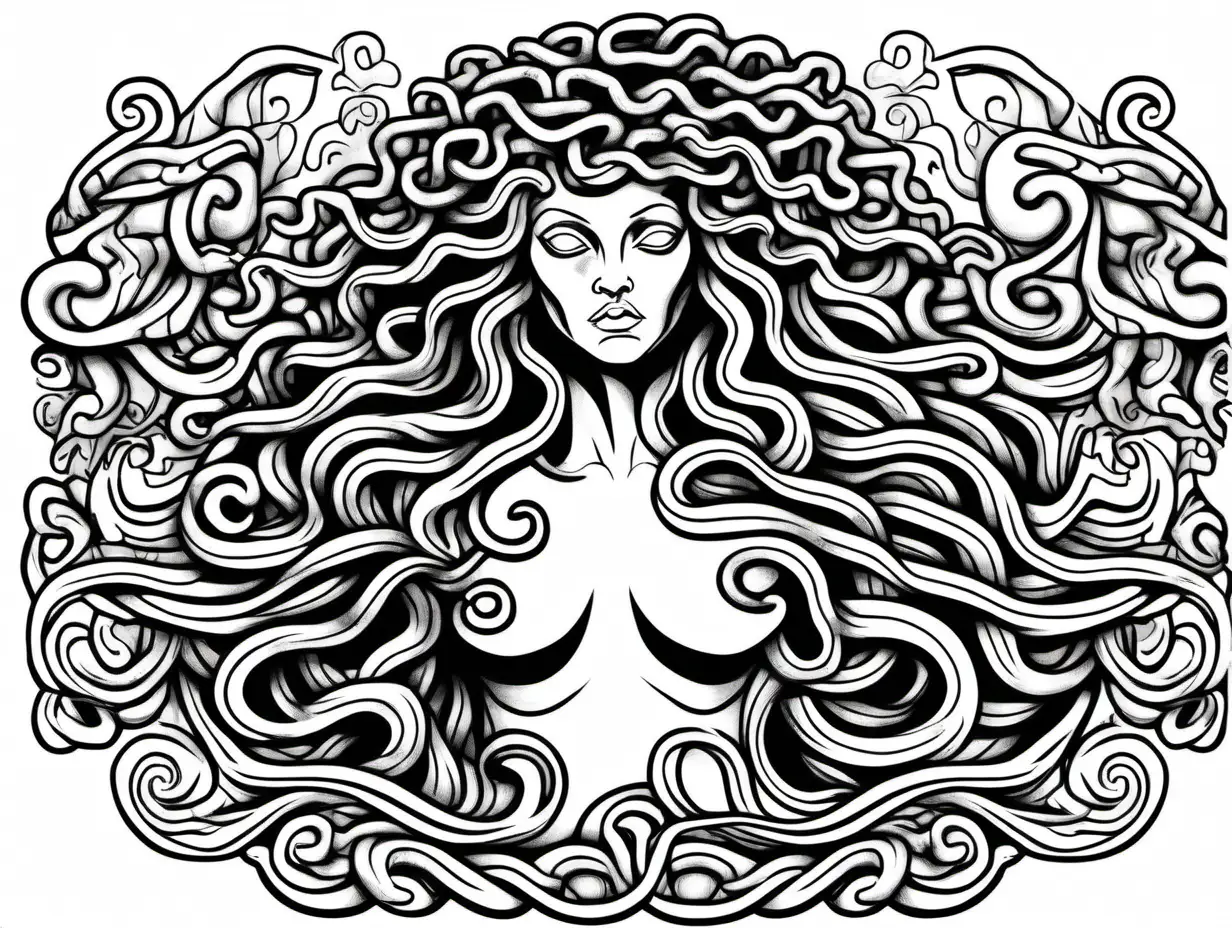 black and white thin outline of naked Medusa with pattern art doodle white background