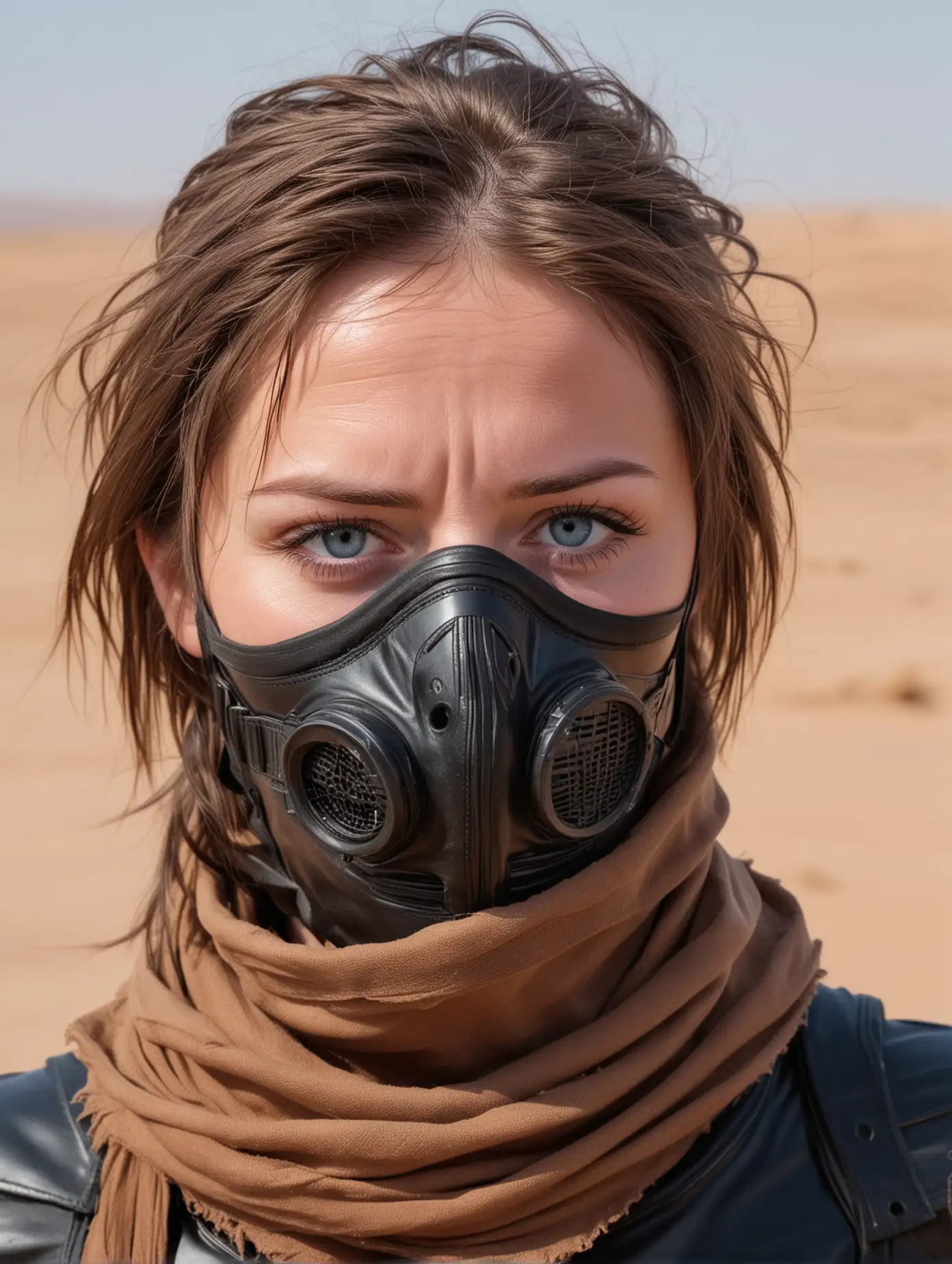  full portrait woman with weather-roughened skin, blue-on-blue eyes (blue sclera), wearing brown leather and a black stillsuit breathing mask covers her lower face. A dust scarf covers her hair. Desert background
