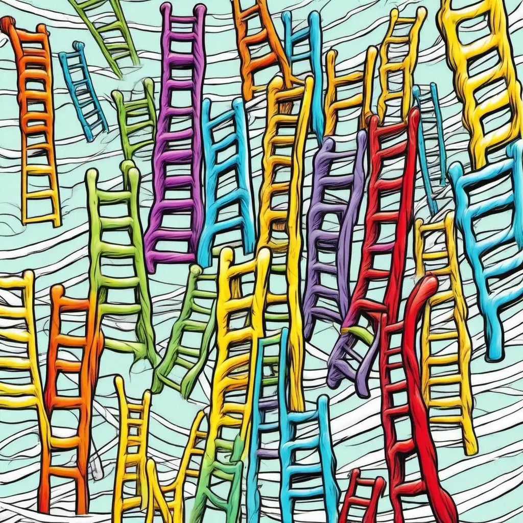 5 squiggly, colored ladders, dr seuss style oh the places you'll go, overlapping ladders, cartoon
