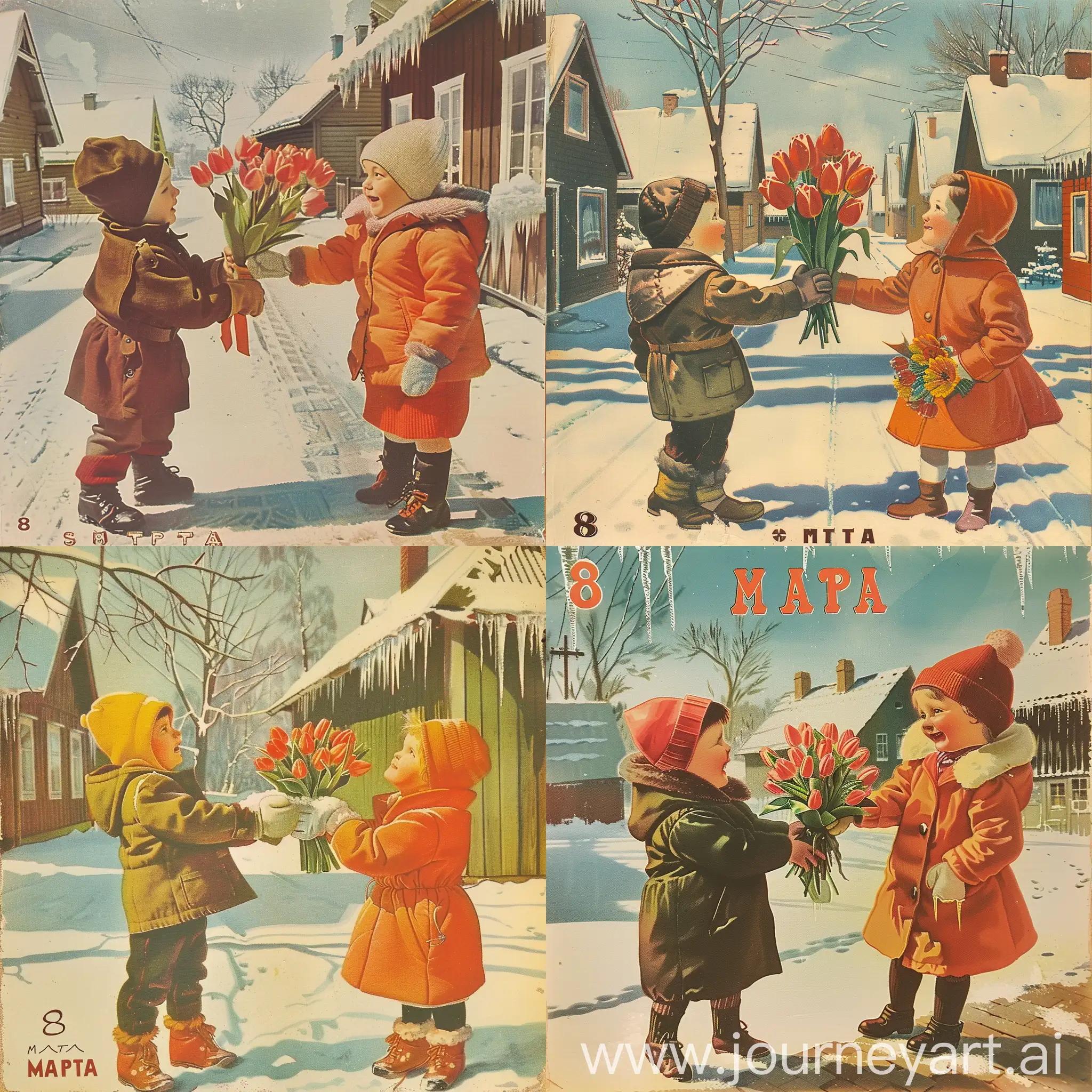Charming-Winter-Scene-Sweet-Exchange-of-Tulips-on-8th-March-Postcard