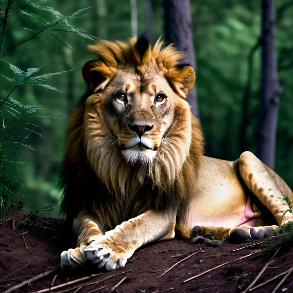 a lion lying on a hill top in the forrest facing directly into the camera with sharp eyes
