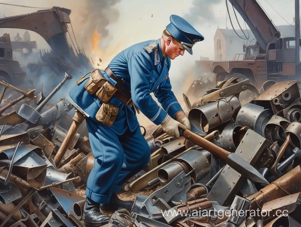военный в синей форме времен второй мировой бьет кувалдой по куче металлолома