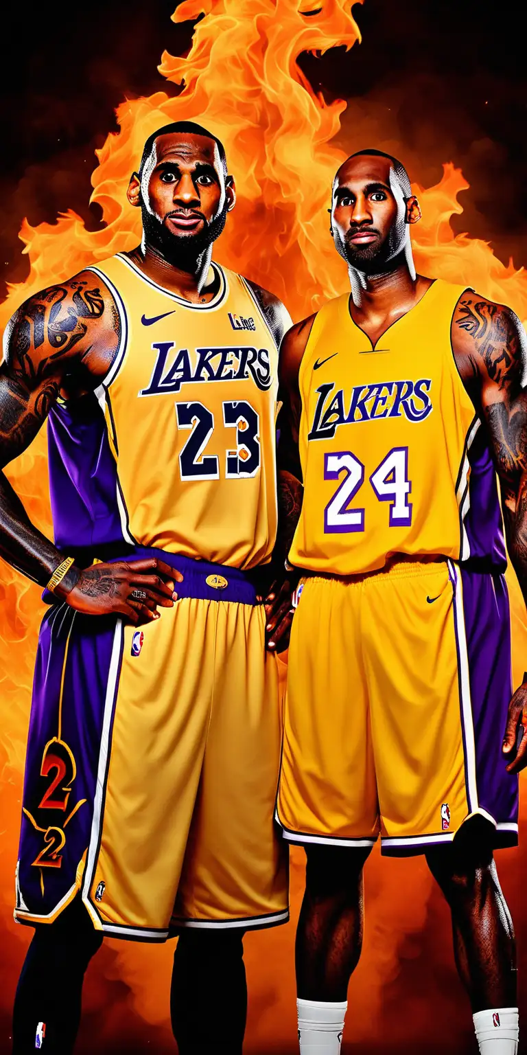 Lebron James 24  Kobe Bryant Lakers jersey 23, face off with flames in the background