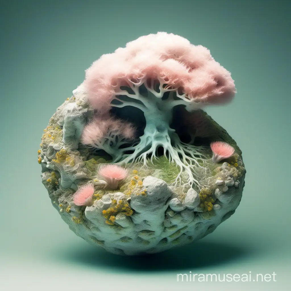 A dreamlike pastel lichen covered bulbous boulder with unconventional flora inside a severance from inner child. 