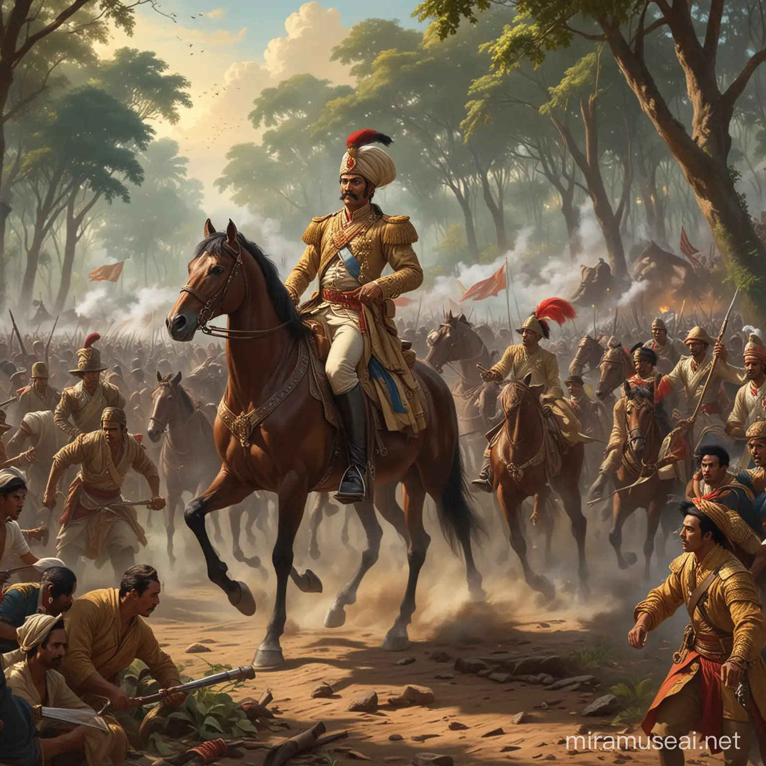 A triumphant scene as the combined forces of Prince Diponegoro and his secret allies drive back the colonial invaders, marking a turning point in history.