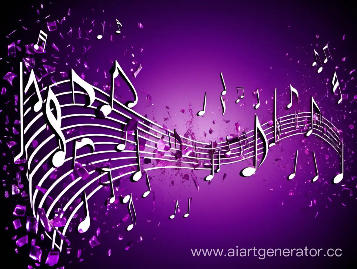 Vibrant-Harmony-Musical-Notes-Amidst-Broken-Glass-on-a-Purple-Background