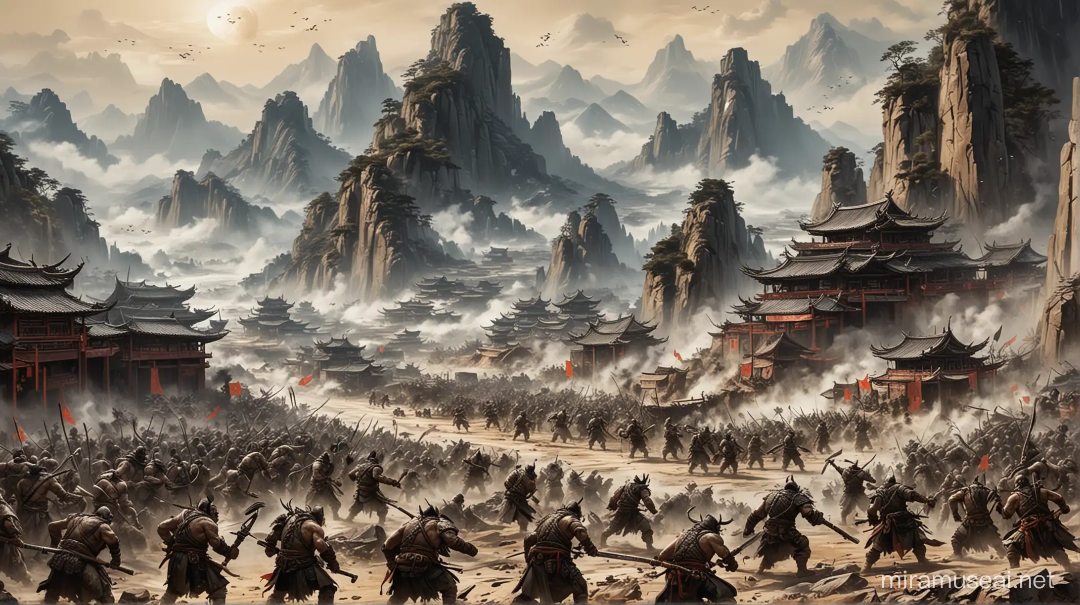 tribal orc army laying waste to a chinese city, various fight scenes
mountains in ink painting in the background