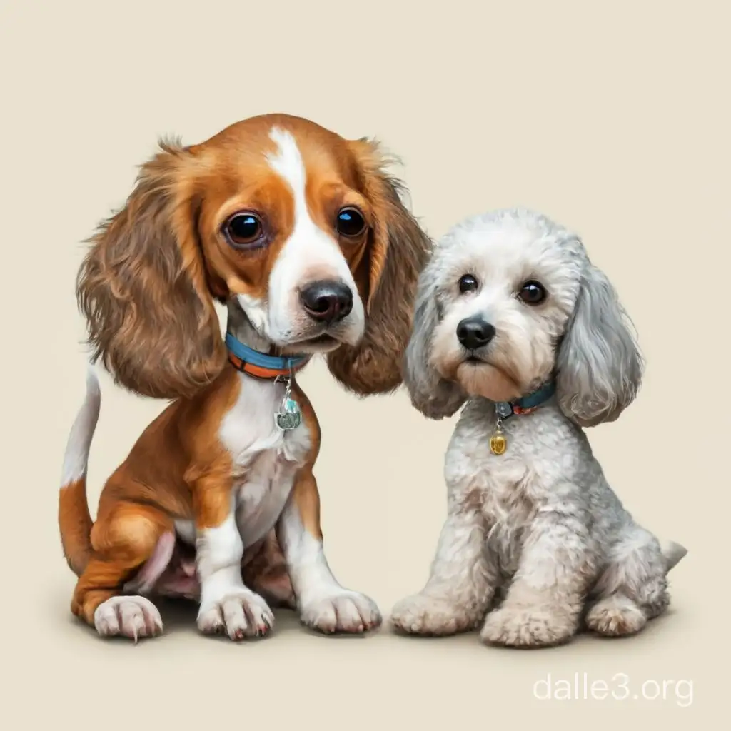 create caricatyr image of a brown and white cockerspaniel puppy together with a bedlington terrier. begging for food. very cute and cozy