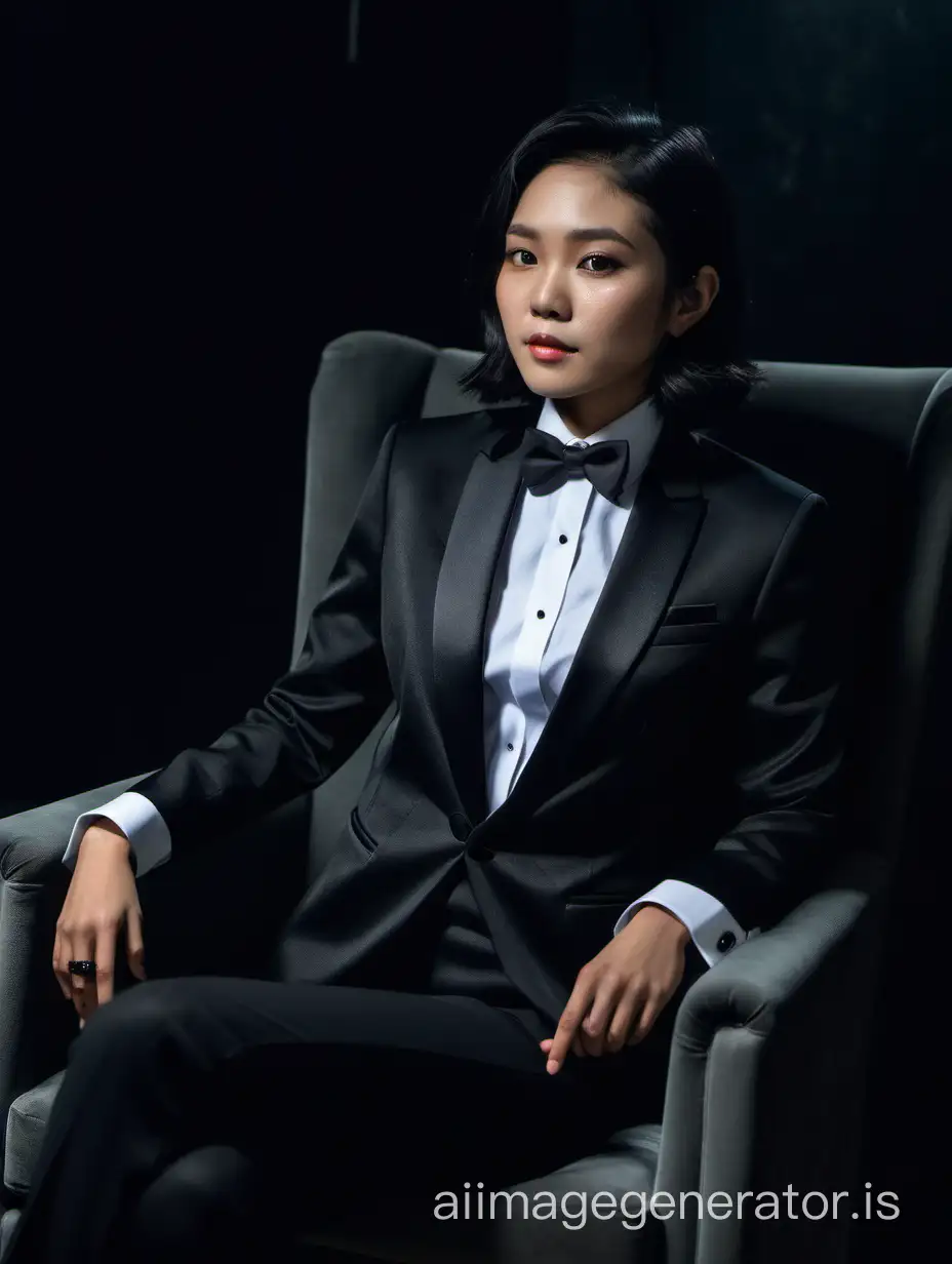 A Vietnamese woman with shoulder length hair is wearing a tuxedo.  She is sitting in a plush chair in a darkened room.  Her jacket is black.  Her jacket is open.  Her pants are black.  Her bowtie is black.  Her shirt is white with black cufflinks.